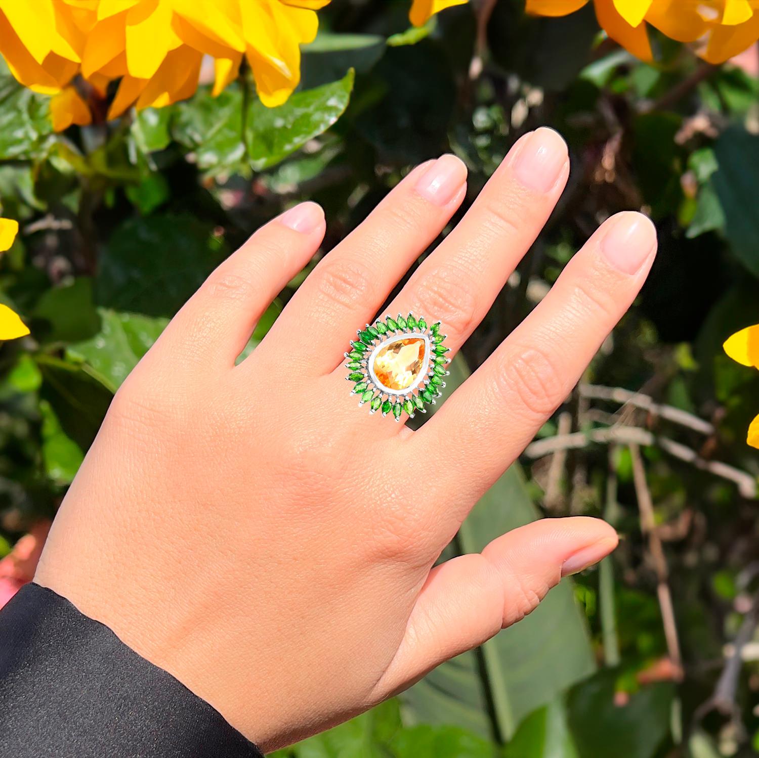 Pear Cut Citrine Cocktail Ring Chrome Diopside Halo 7.05 Carats Sterling Silver For Sale