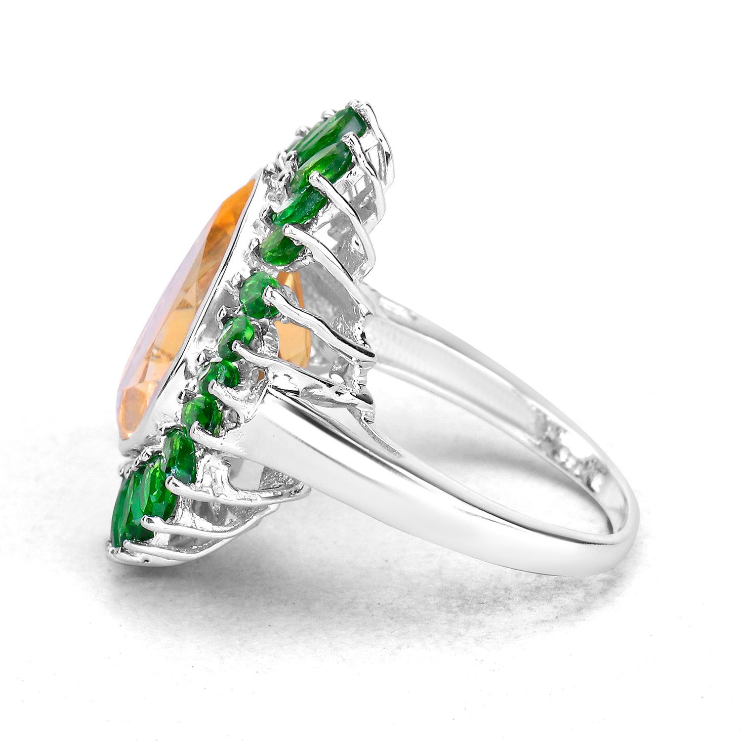 Citrine Cocktail Ring Chrome Diopside Halo 7.05 Carats Sterling Silver In Excellent Condition For Sale In Laguna Niguel, CA