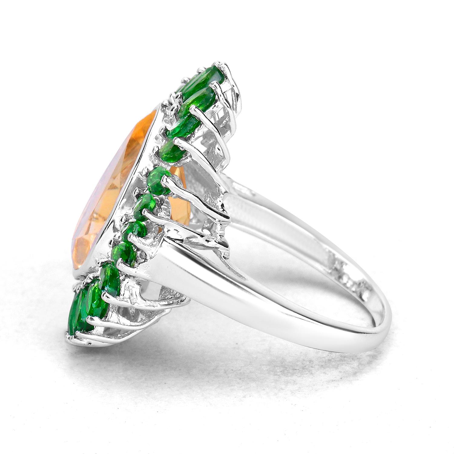 Citrine Cocktail Ring Chrome Diopside Halo 7.05 Carats Sterling Silver In Excellent Condition For Sale In Aliso Viejo, CA