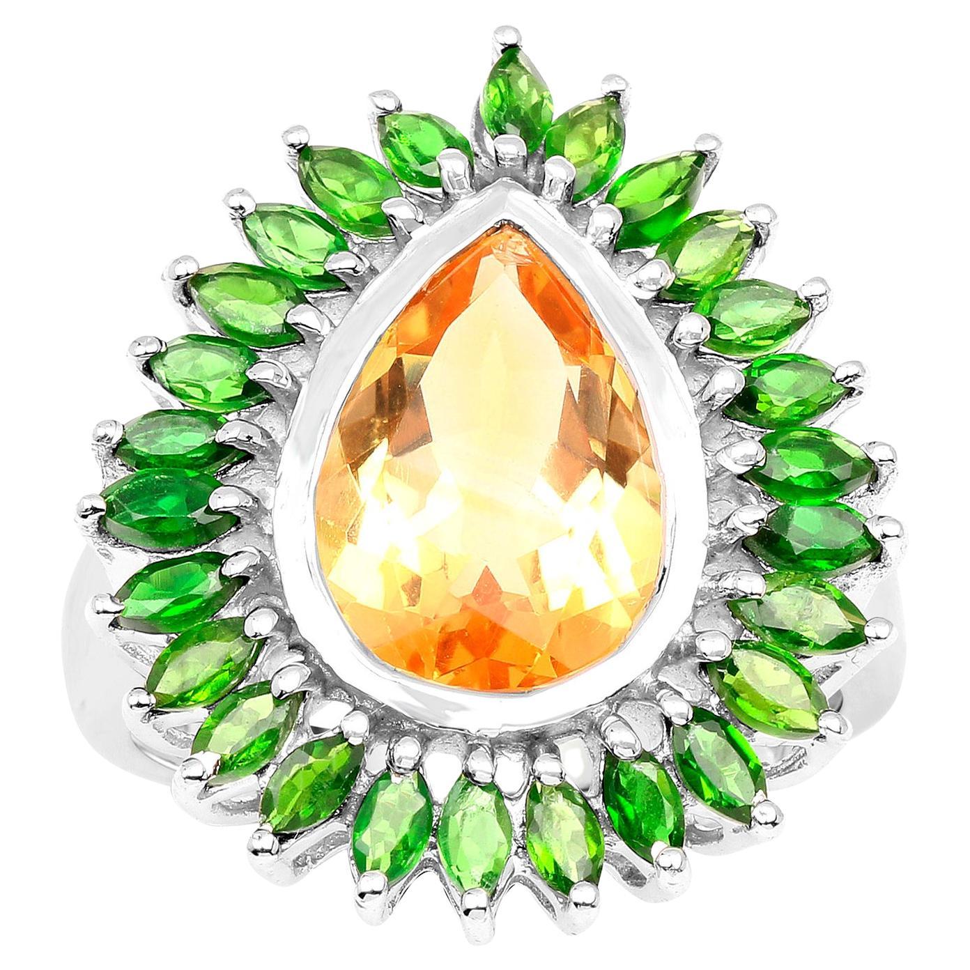 Citrine Cocktail Ring Chrome Diopside Halo 7.05 Carats Sterling Silver For Sale