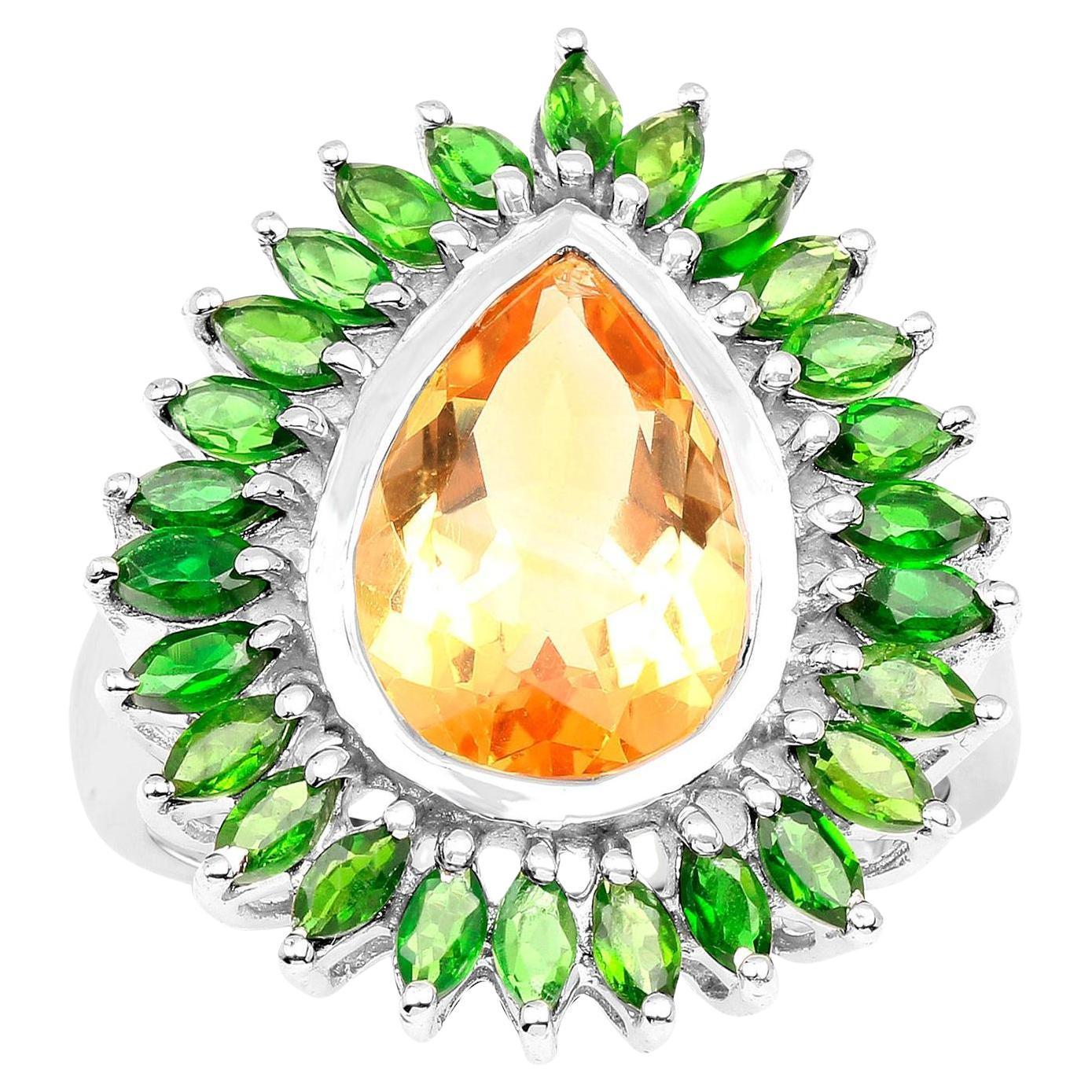 Anillo de cóctel de citrino Halo de diópsido de cromo 7,05 quilates Plata de ley