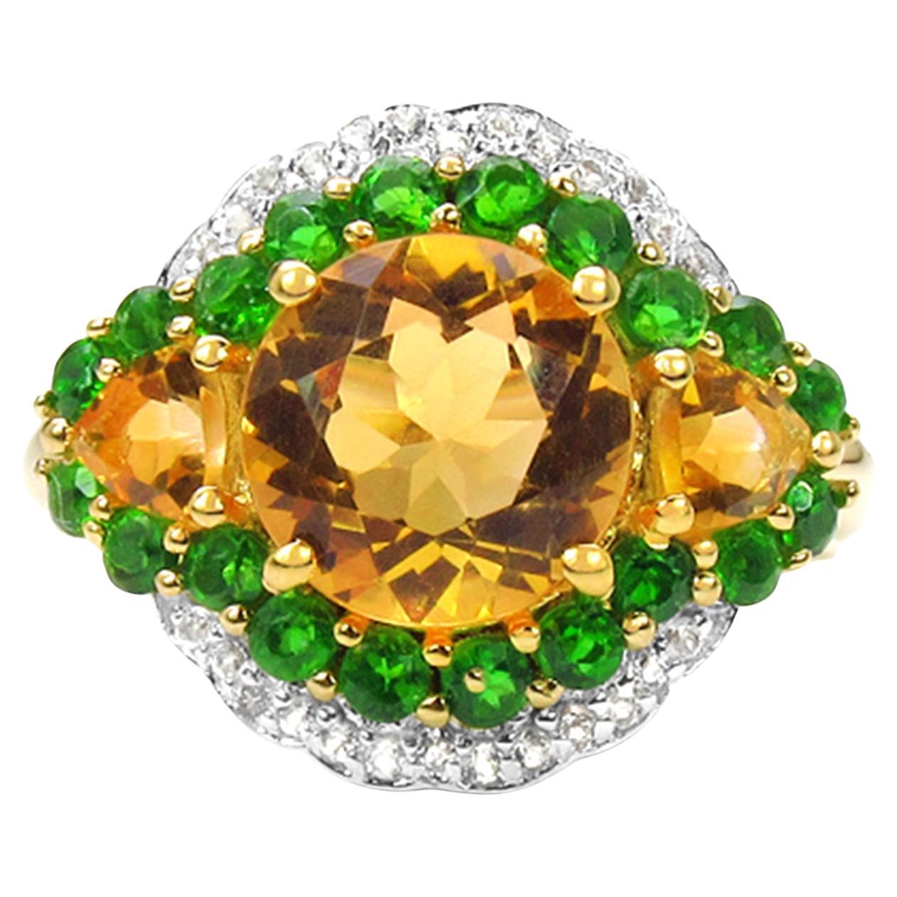 Citrine Cocktail Ring Chrome Diopside Topaz 3.93 Carats 14K Yellow Gold Plated For Sale