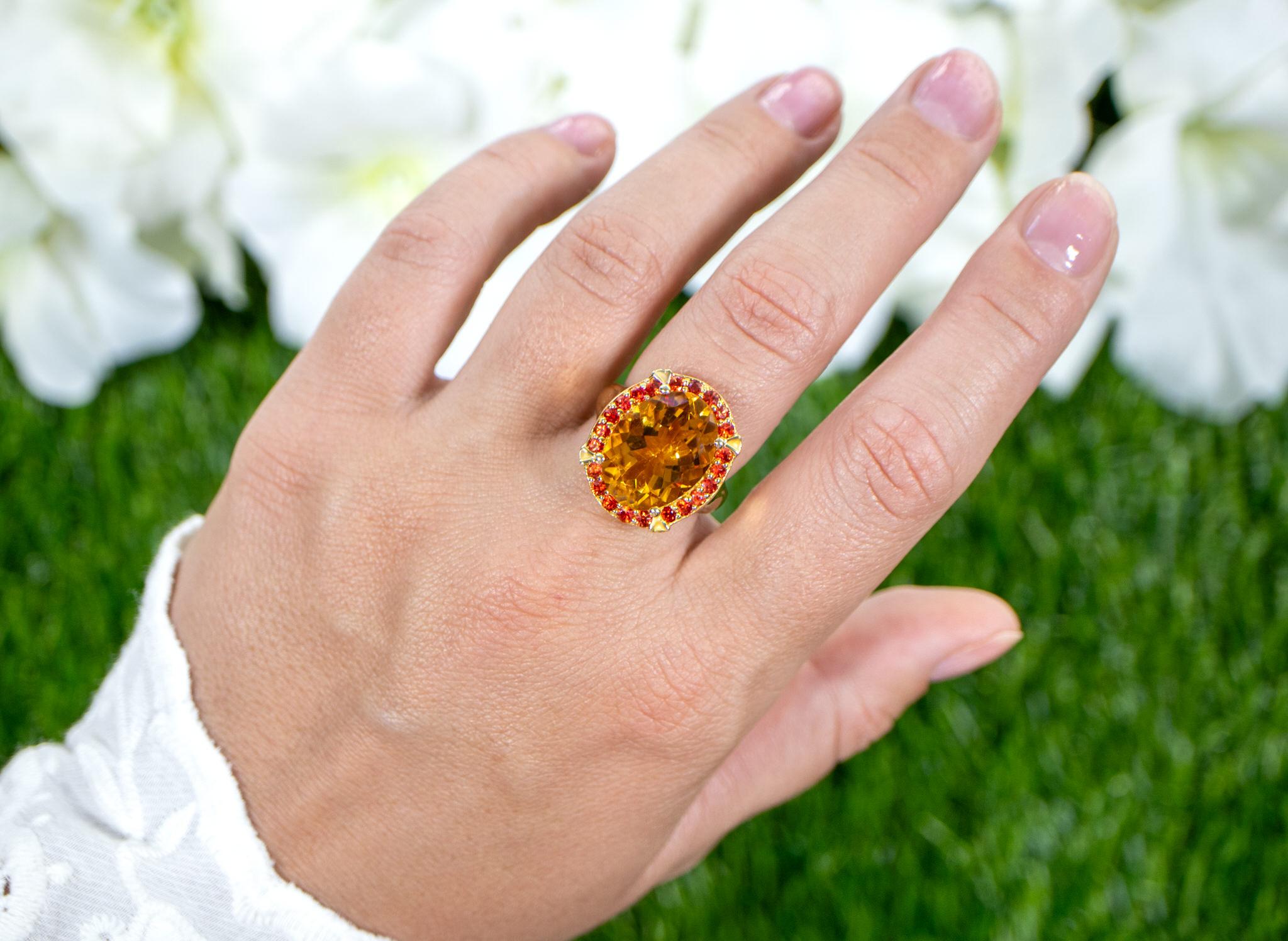 Contemporain Bague cocktail saphir orange foncé 9,4 carats plaqué or 14 carats en vente
