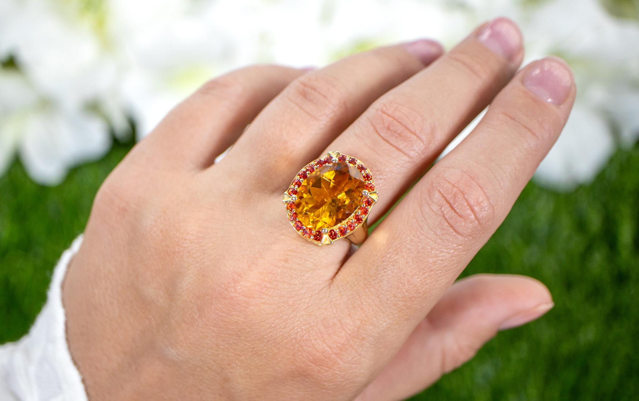Bague cocktail saphir orange foncé 9,4 carats plaqué or 14 carats Excellent état - En vente à Aliso Viejo, CA
