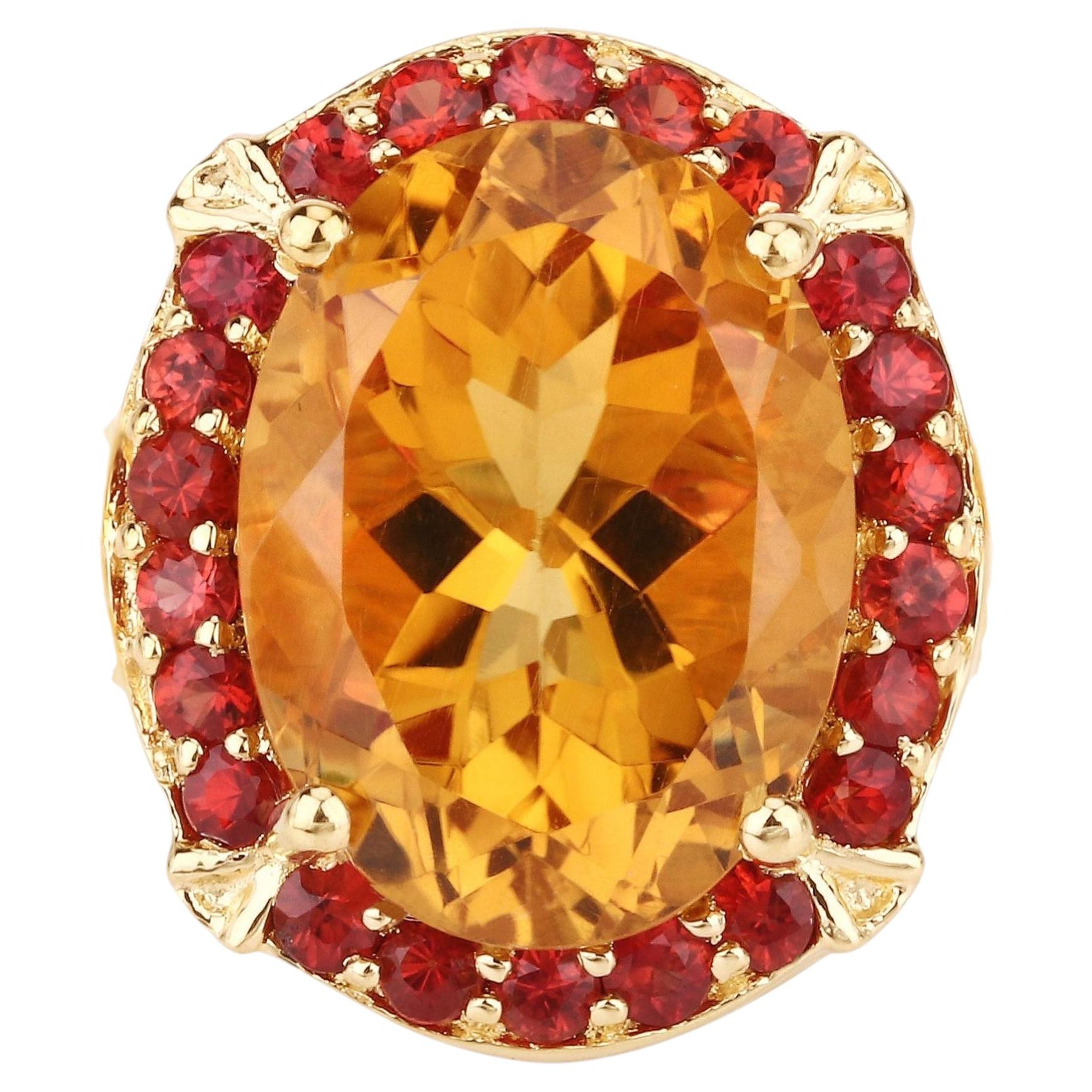 Citrine Cocktail Ring Deep Orange Sapphires 9.4 Carats 14K Gold Plated Silver For Sale