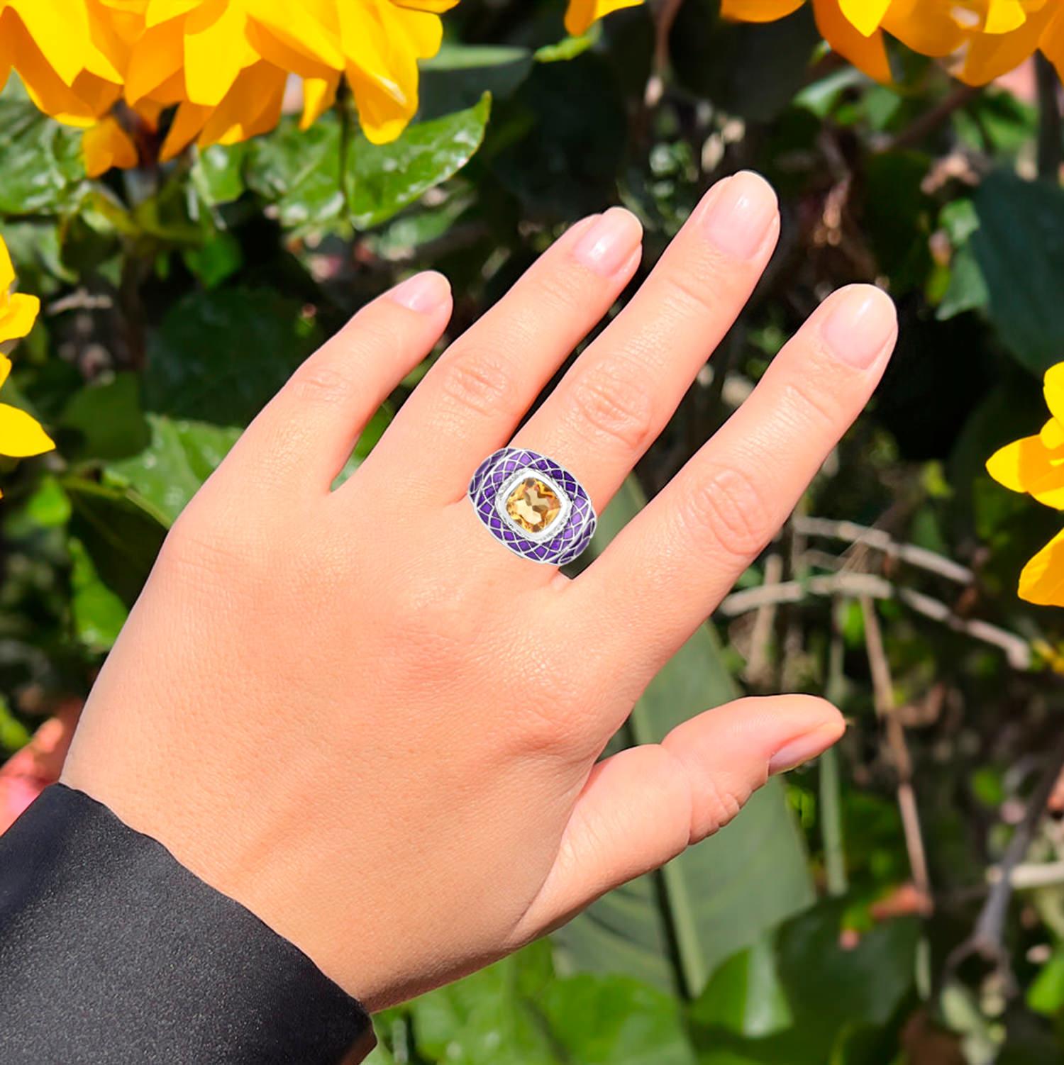 Cushion Cut Citrine Cocktail Ring Purple Enamel 2 Carats For Sale