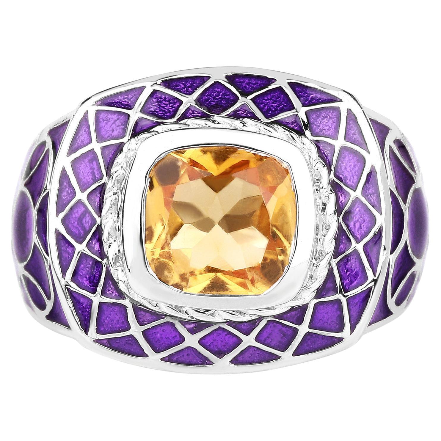 Citrine Cocktail Ring Purple Enamel 2 Carats