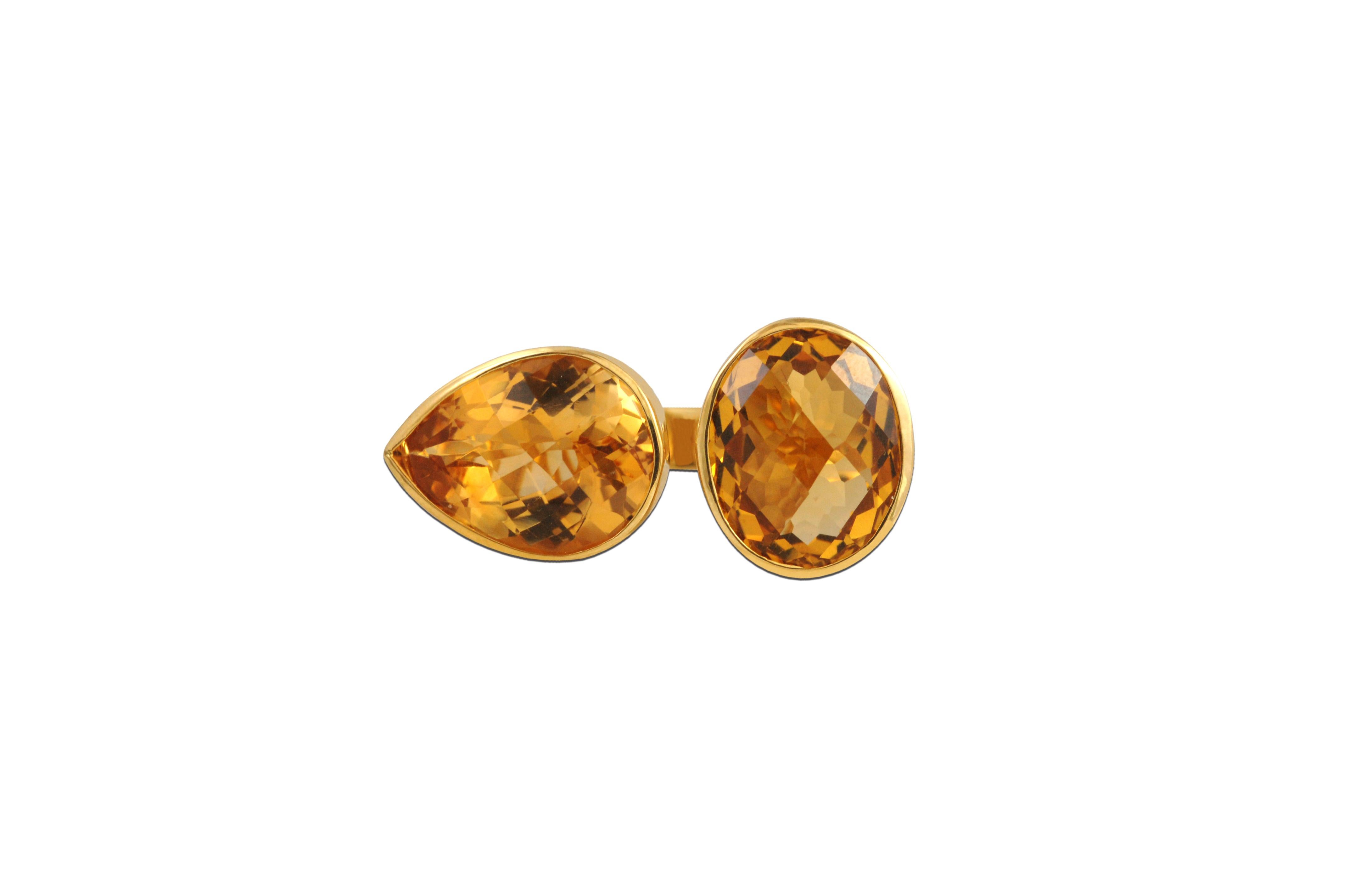 Citrine 8.80 carats, Citrine 9.62 carats ring set in 14 Karat Gold Settings 

Width: 3.6 cm
Length: 1.7 cm 
Ring Size: 55

