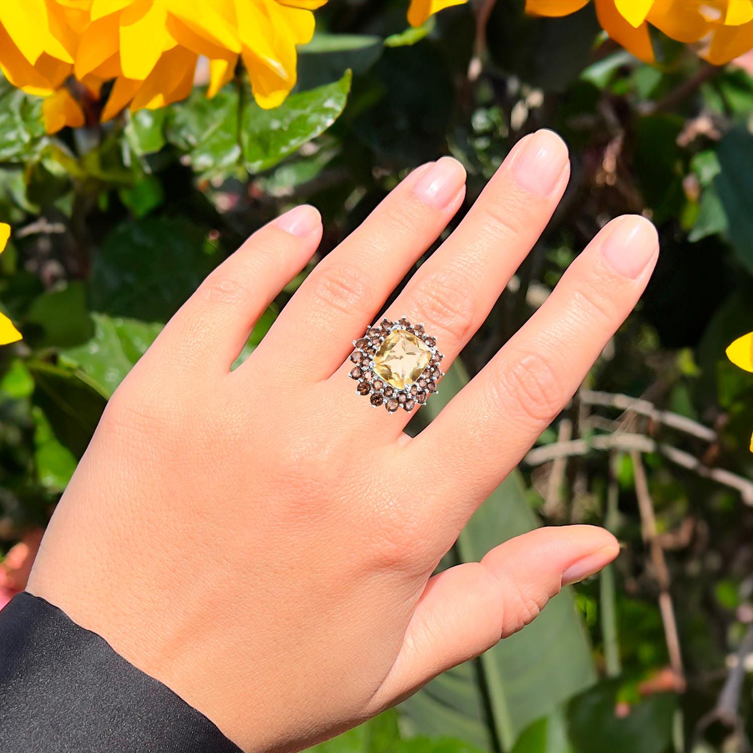 Mixed Cut Citrine Cocktail Ring Smoky Quartz Halo 8.9 Carats For Sale