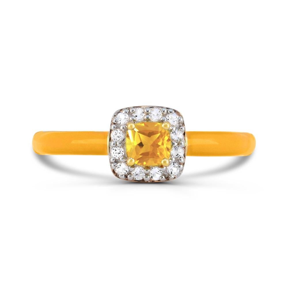 This elegant ring features one cushion-cut citrine halo sets by round-cut created white sapphire gemstones between orange enamel shank on top of a slim band ring in 14K yellow gold over sterling silver. 

Metal: 14K Yellow Gold over Sterling
