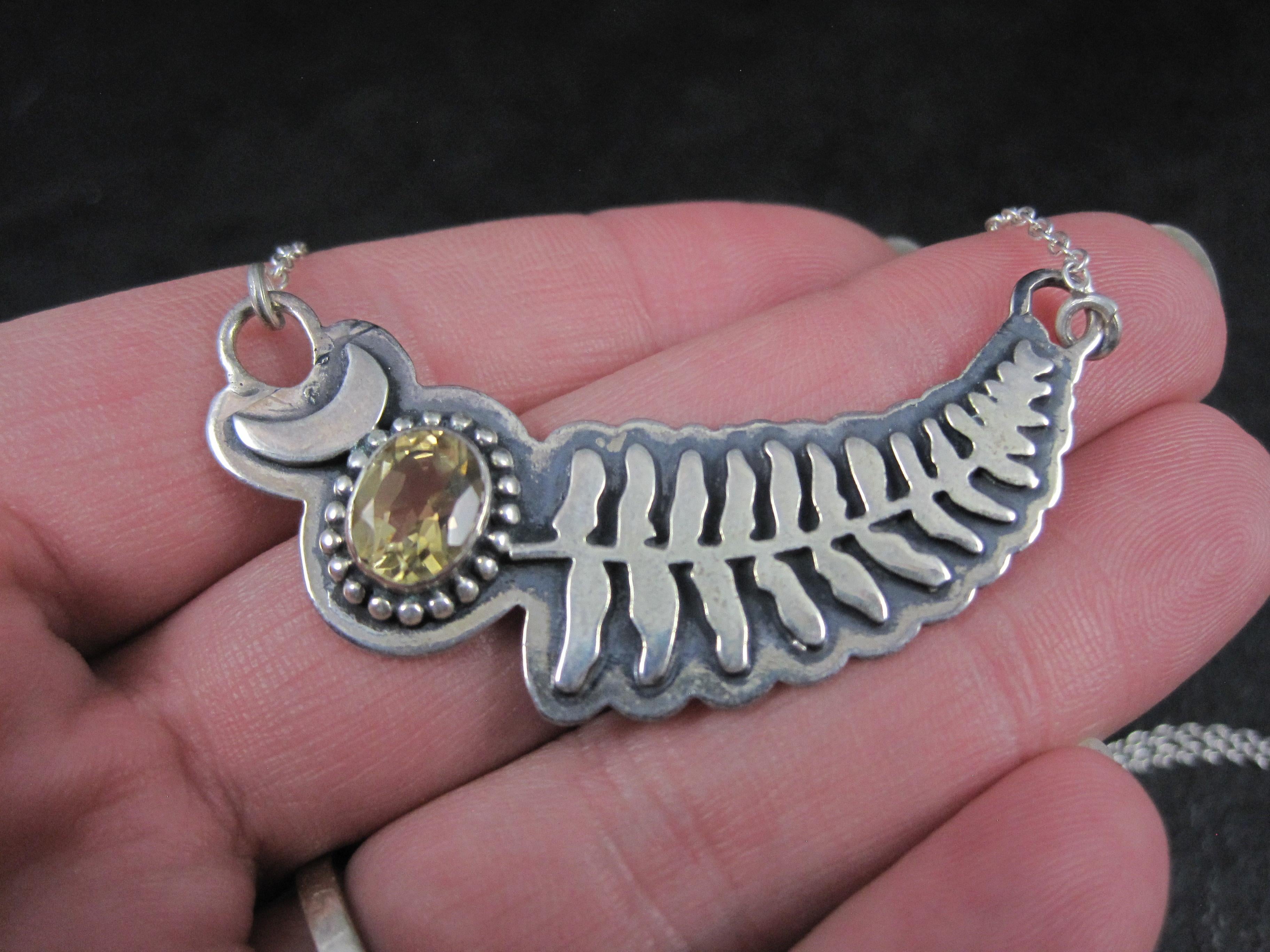 Citrine Crescent Moon Fern Leaf Necklace Sterling Silver For Sale 4