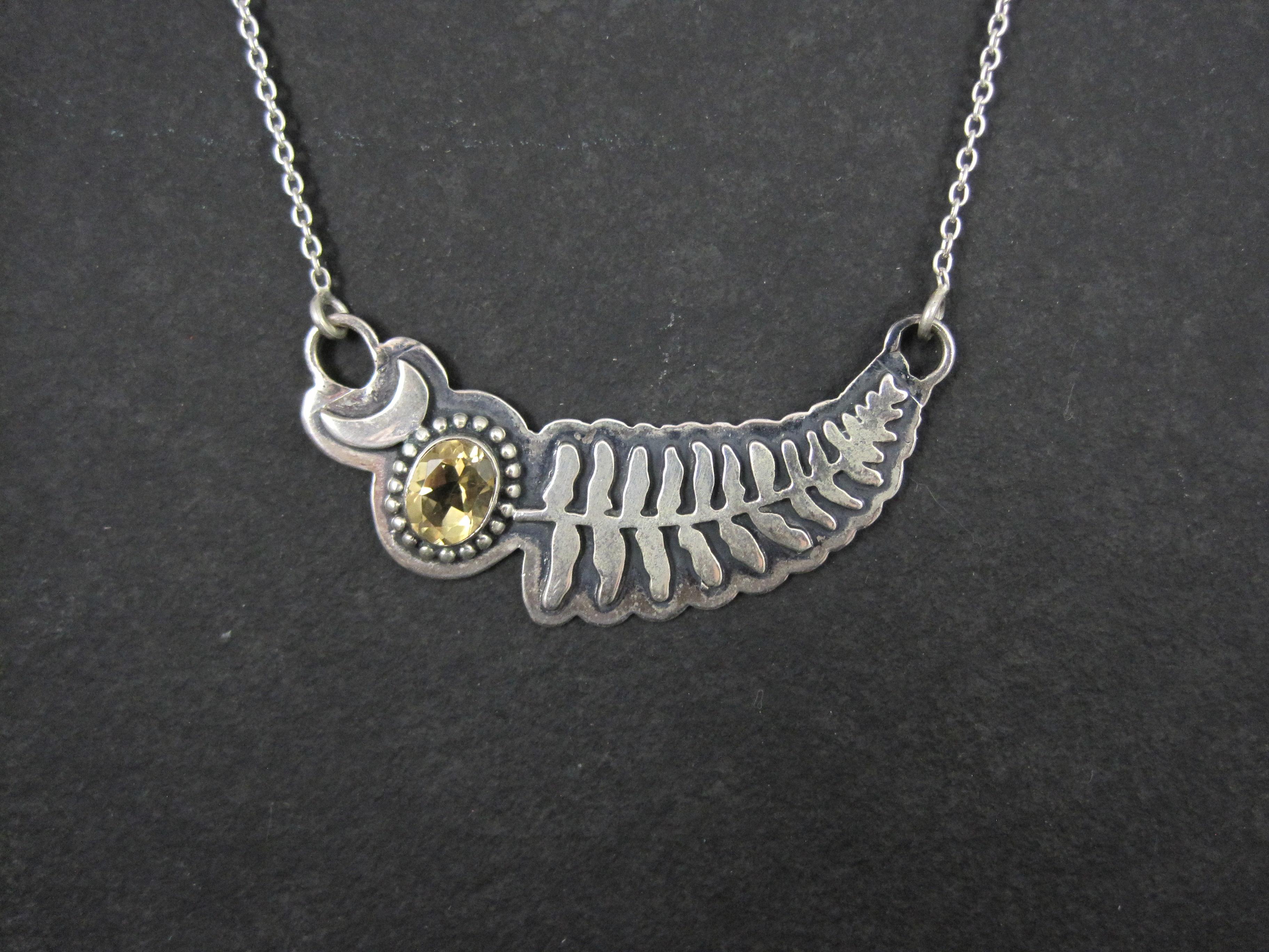 Contemporary Citrine Crescent Moon Fern Leaf Necklace Sterling Silver For Sale