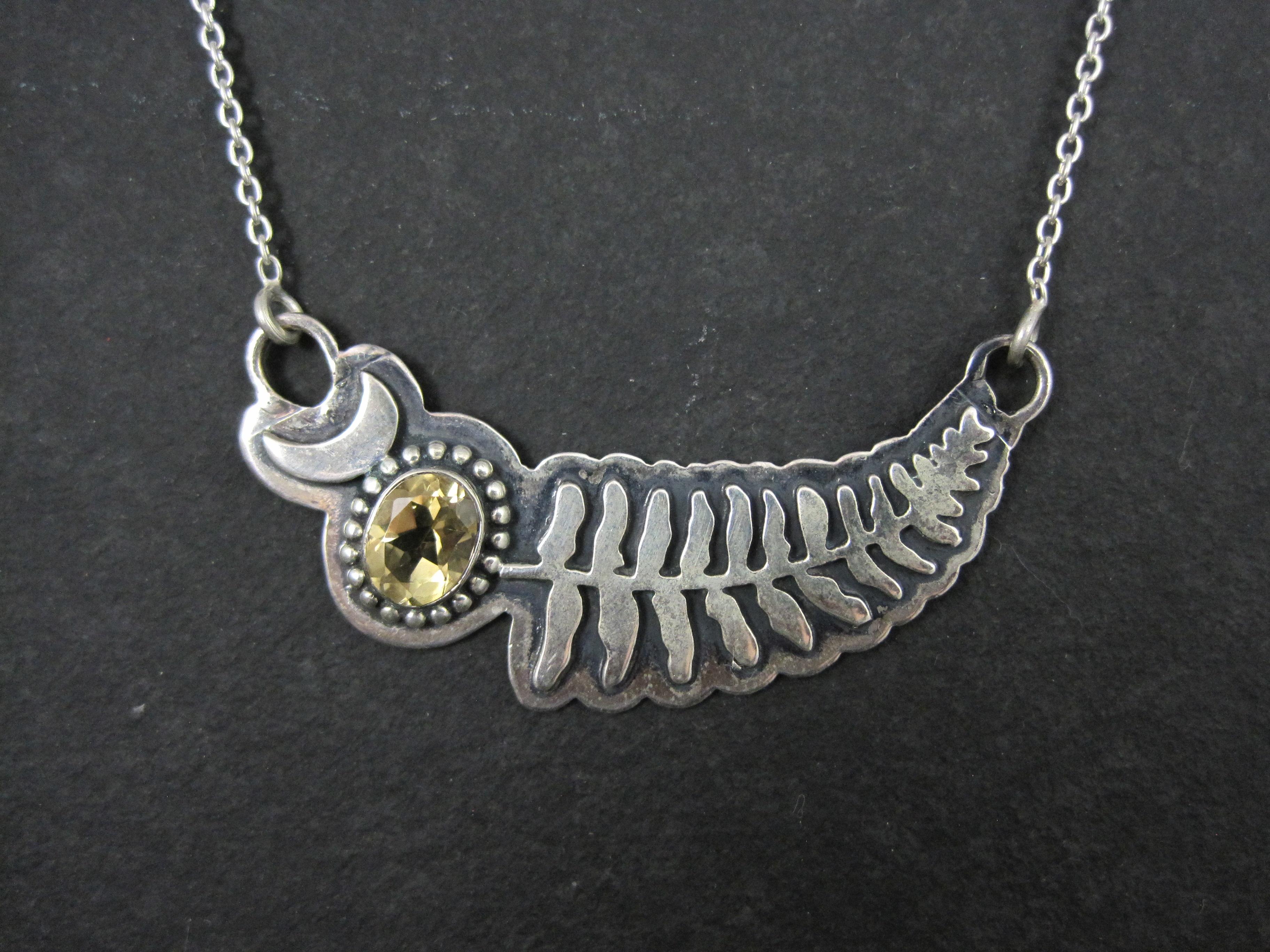 Oval Cut Citrine Crescent Moon Fern Leaf Necklace Sterling Silver For Sale