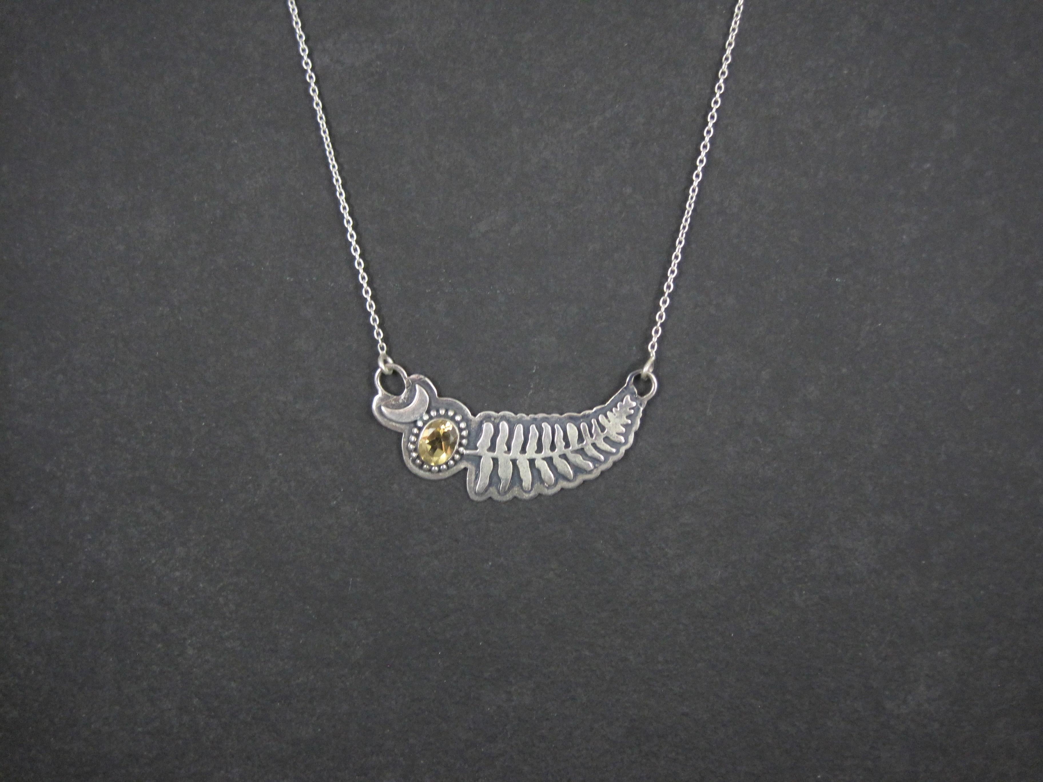 Citrine Crescent Moon Fern Leaf Necklace Sterling Silver In New Condition For Sale In Webster, SD