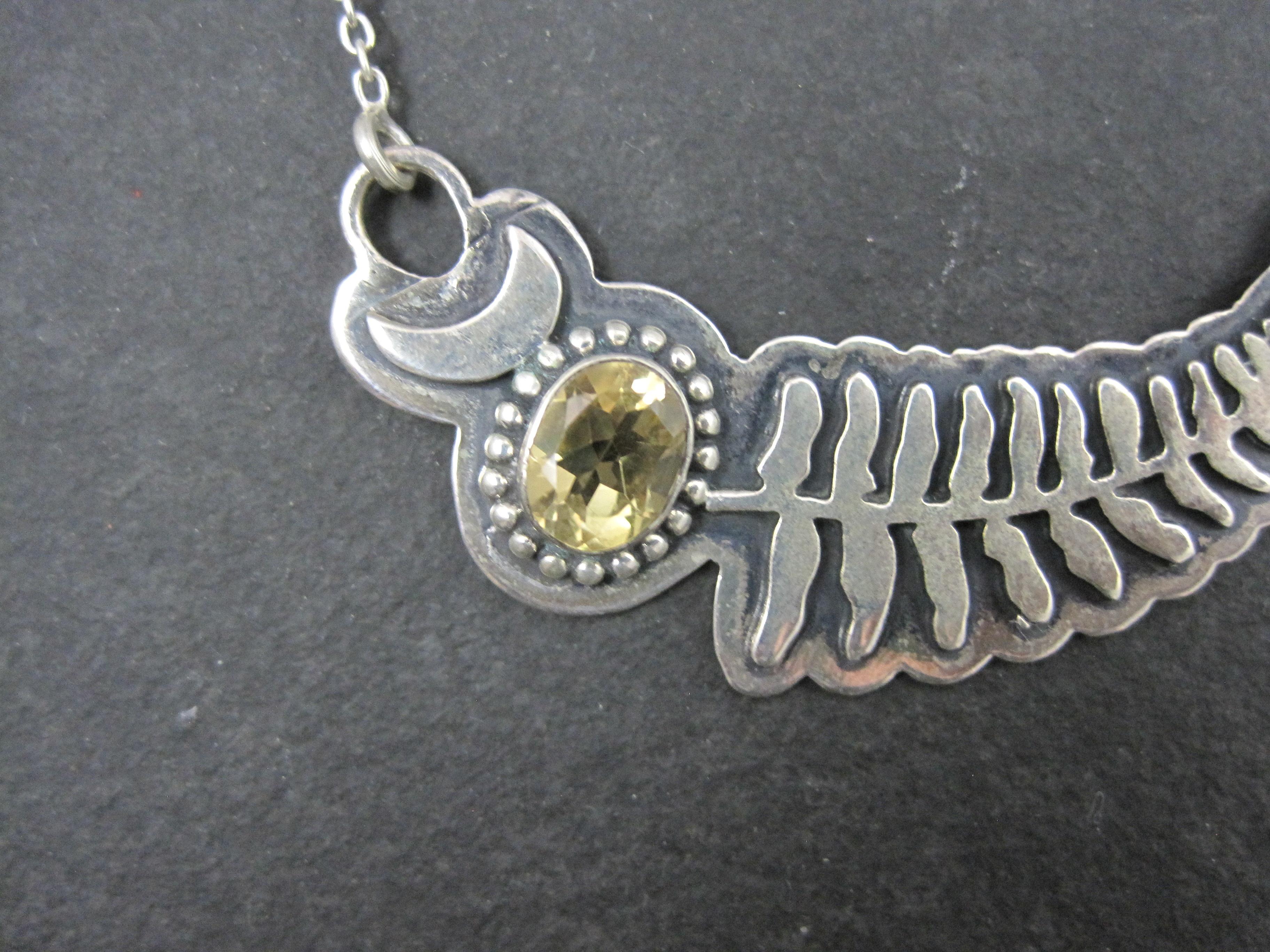 Women's Citrine Crescent Moon Fern Leaf Necklace Sterling Silver For Sale