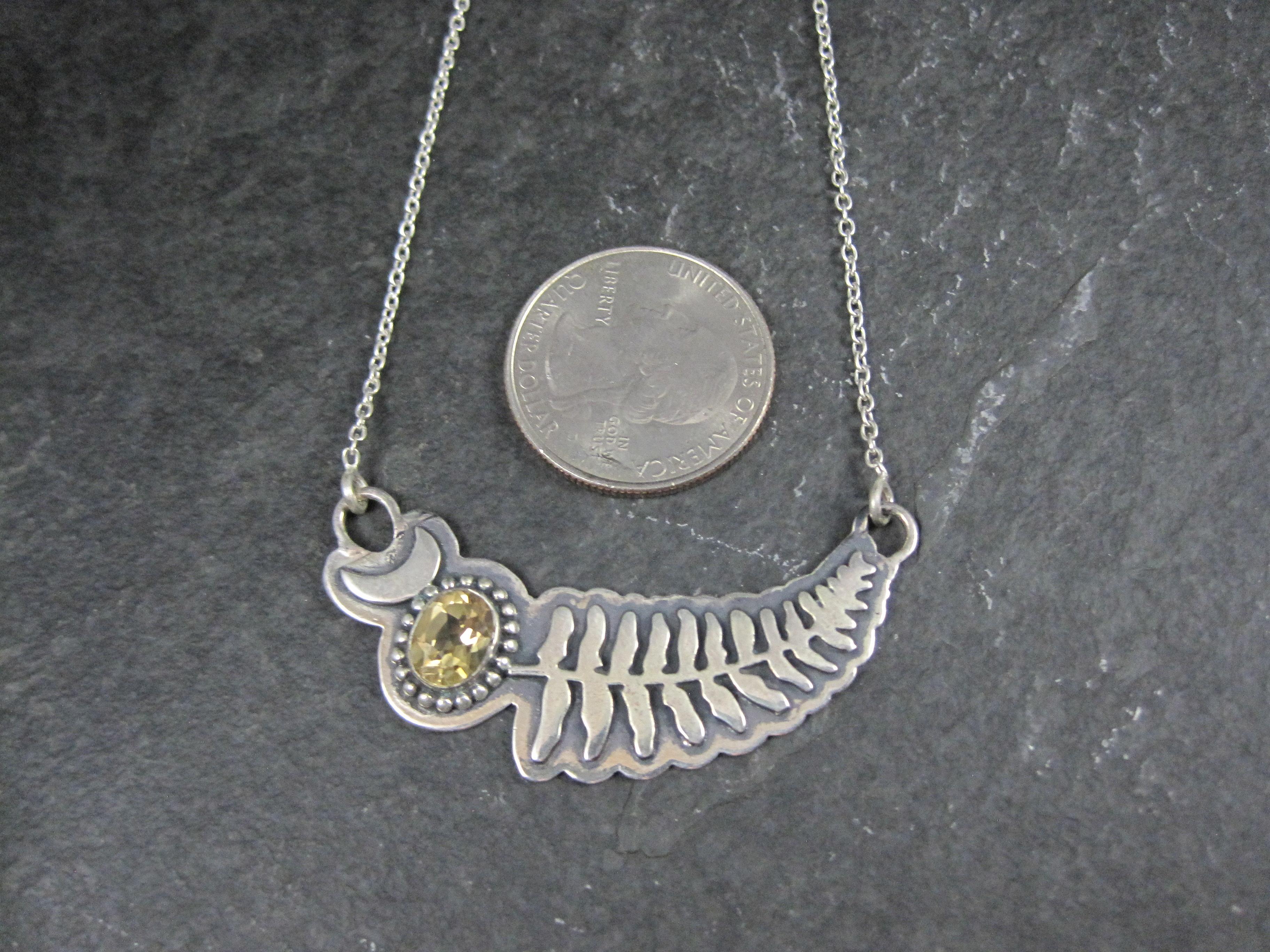 Citrine Crescent Moon Fern Leaf Necklace Sterling Silver For Sale 1