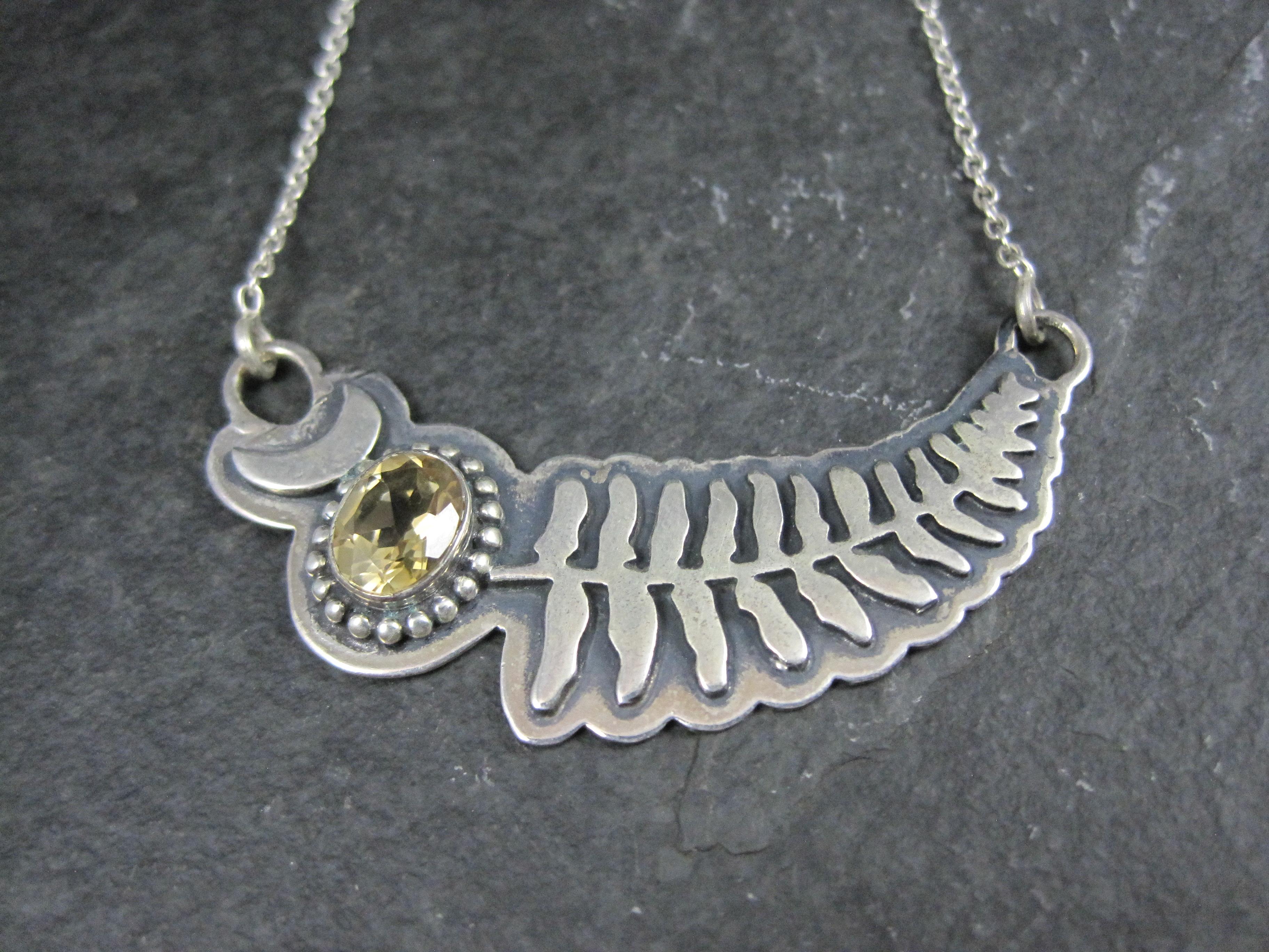 Citrine Crescent Moon Fern Leaf Necklace Sterling Silver For Sale 2