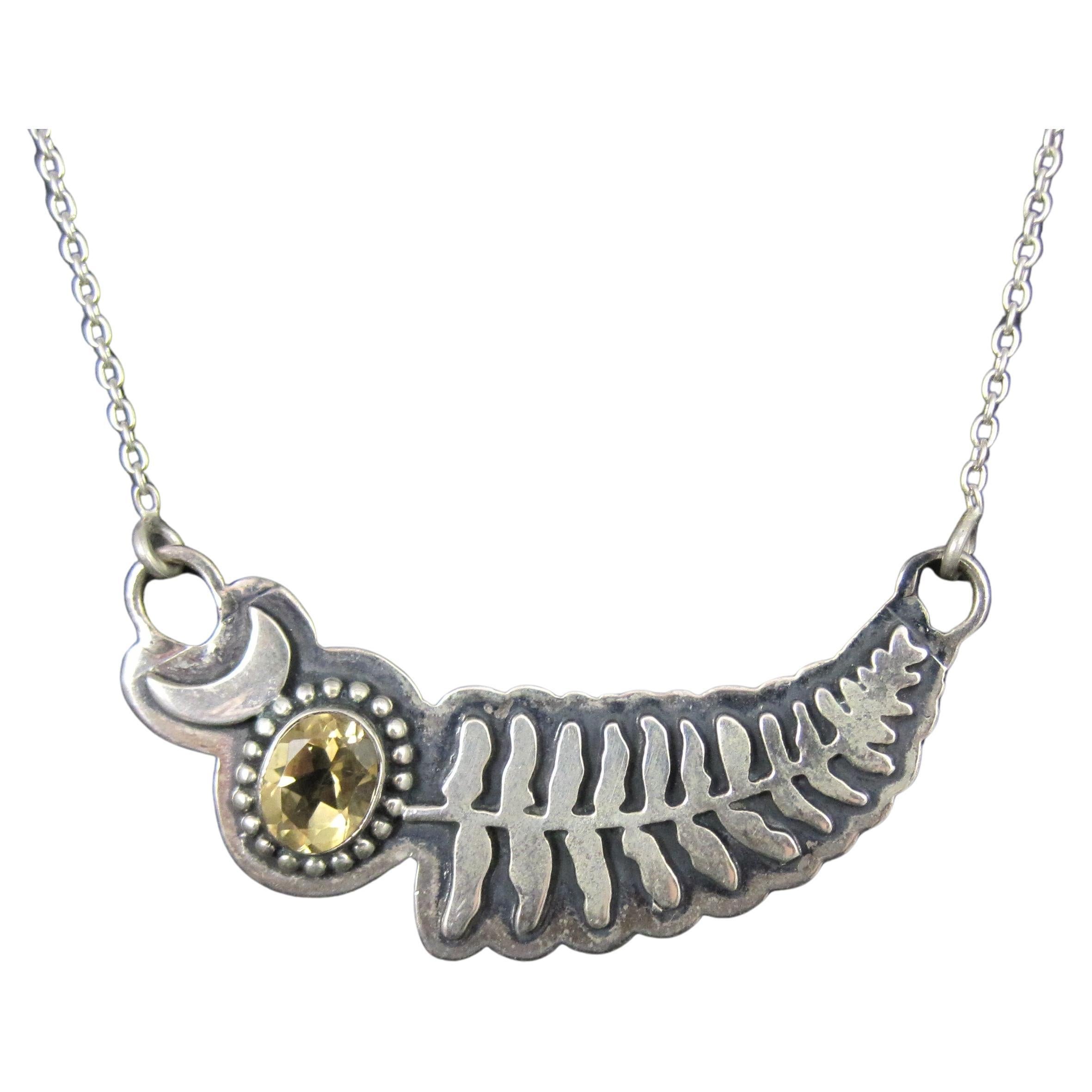 Citrine Crescent Moon Fern Leaf Necklace Sterling Silver For Sale