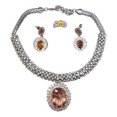 Vintage Citrine Crystal Pendant Necklace, Earrings 
Ring Size 8+