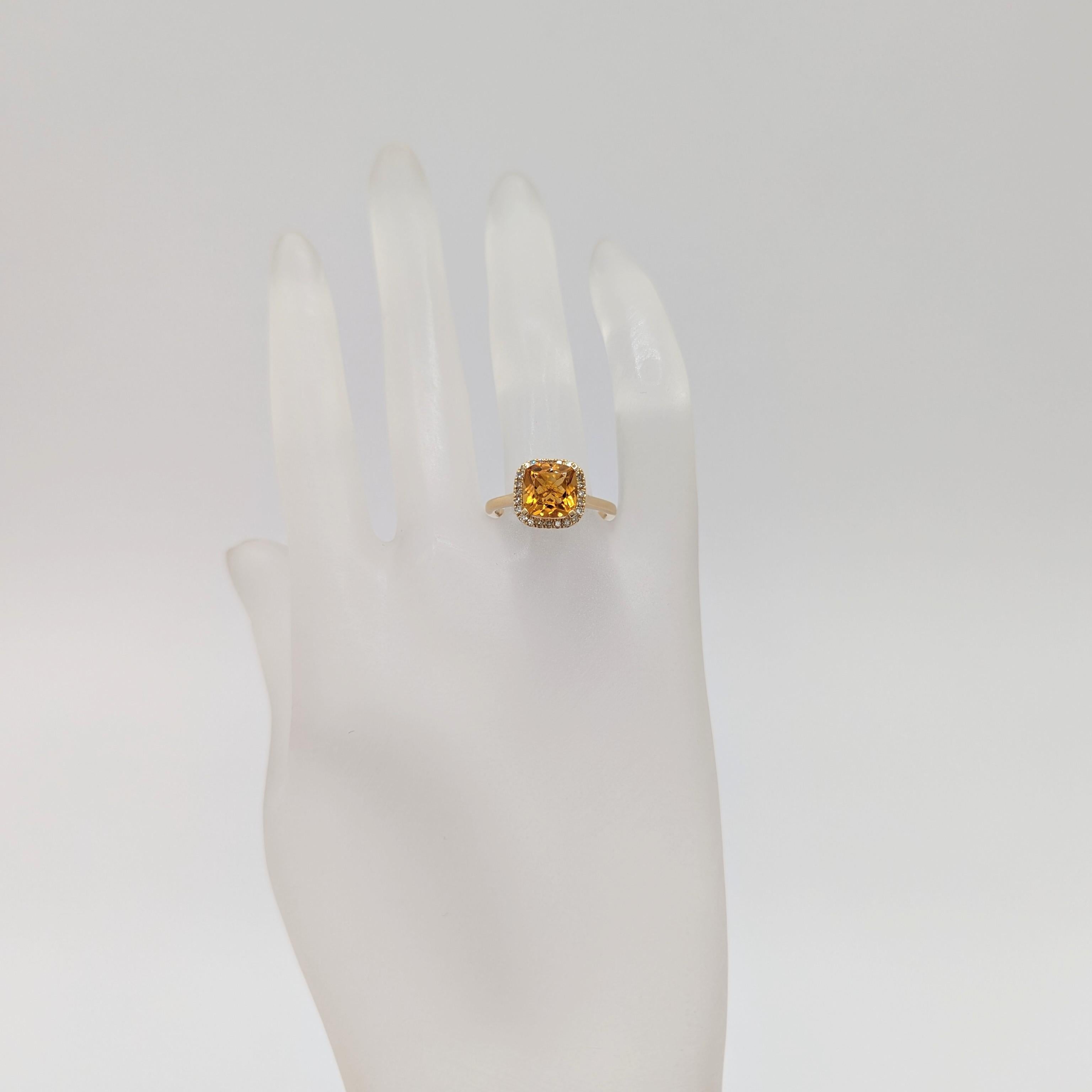 Cushion Cut Citrine Cushion and White Diamond Solitaire Ring in 14K Yellow Gold For Sale
