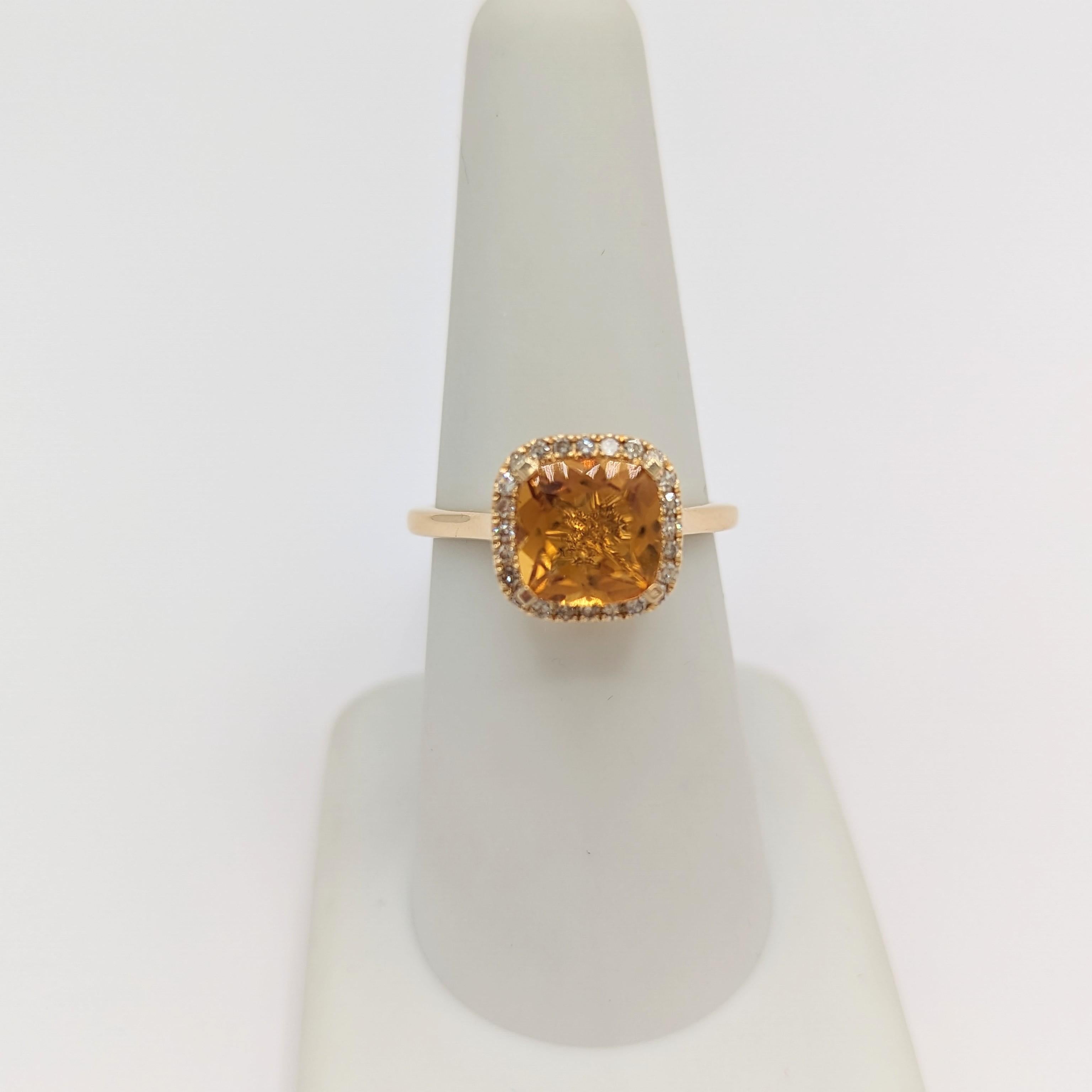 Women's or Men's Citrine Cushion and White Diamond Solitaire Ring in 14K Yellow Gold For Sale