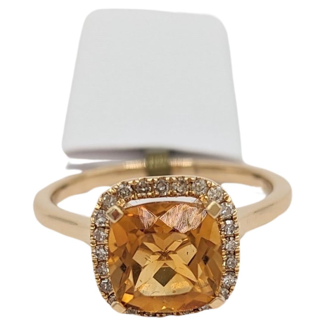 Citrine Cushion and White Diamond Solitaire Ring in 14K Yellow Gold For Sale