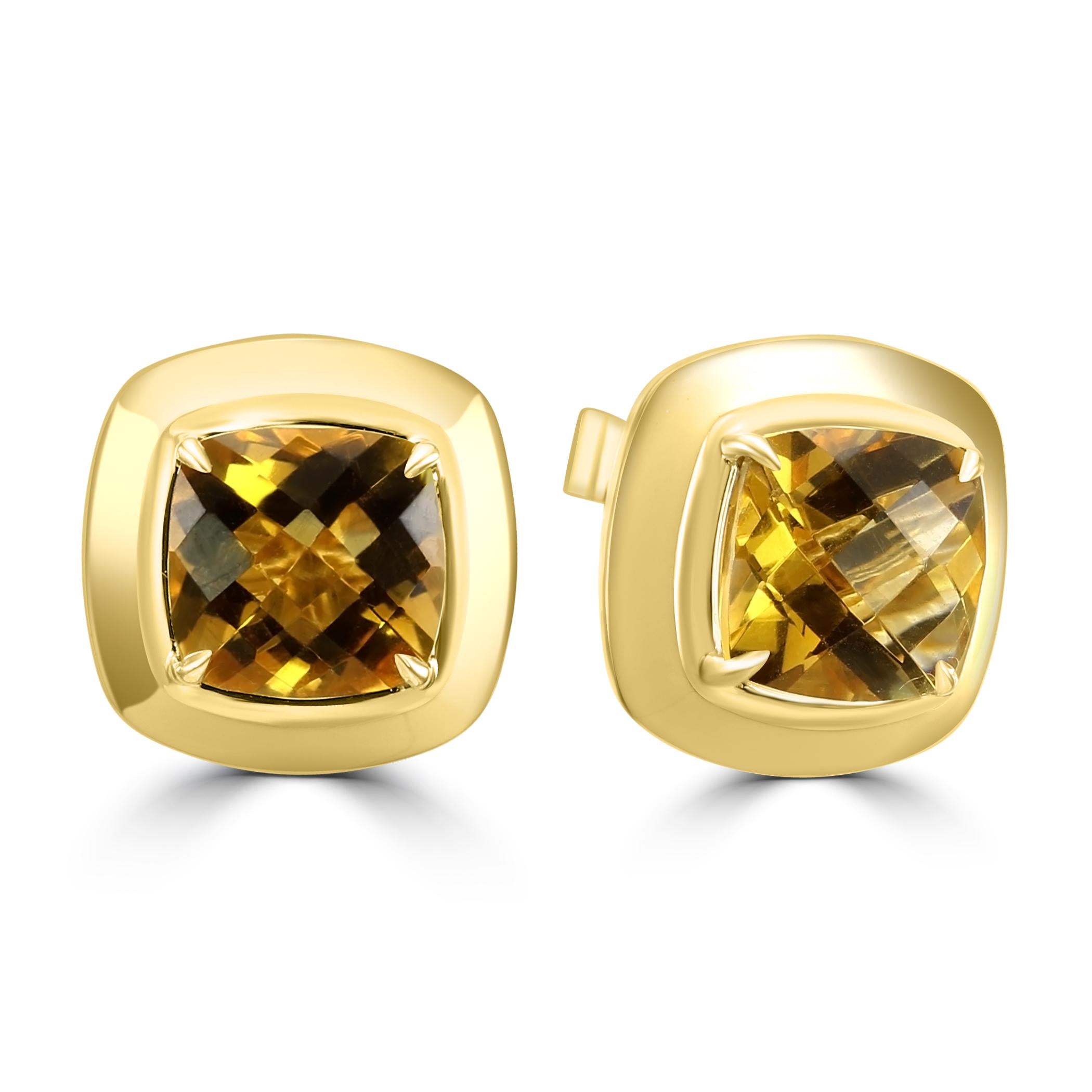 These stunning earrings feature two citrine cushion-cut center stones, totaling an impressive 4.34 carats. The vibrant, golden-amber yellow hue of the citrine gemstones is beautifully enhanced by the gold shine of the 14K yellow gold setting.

The