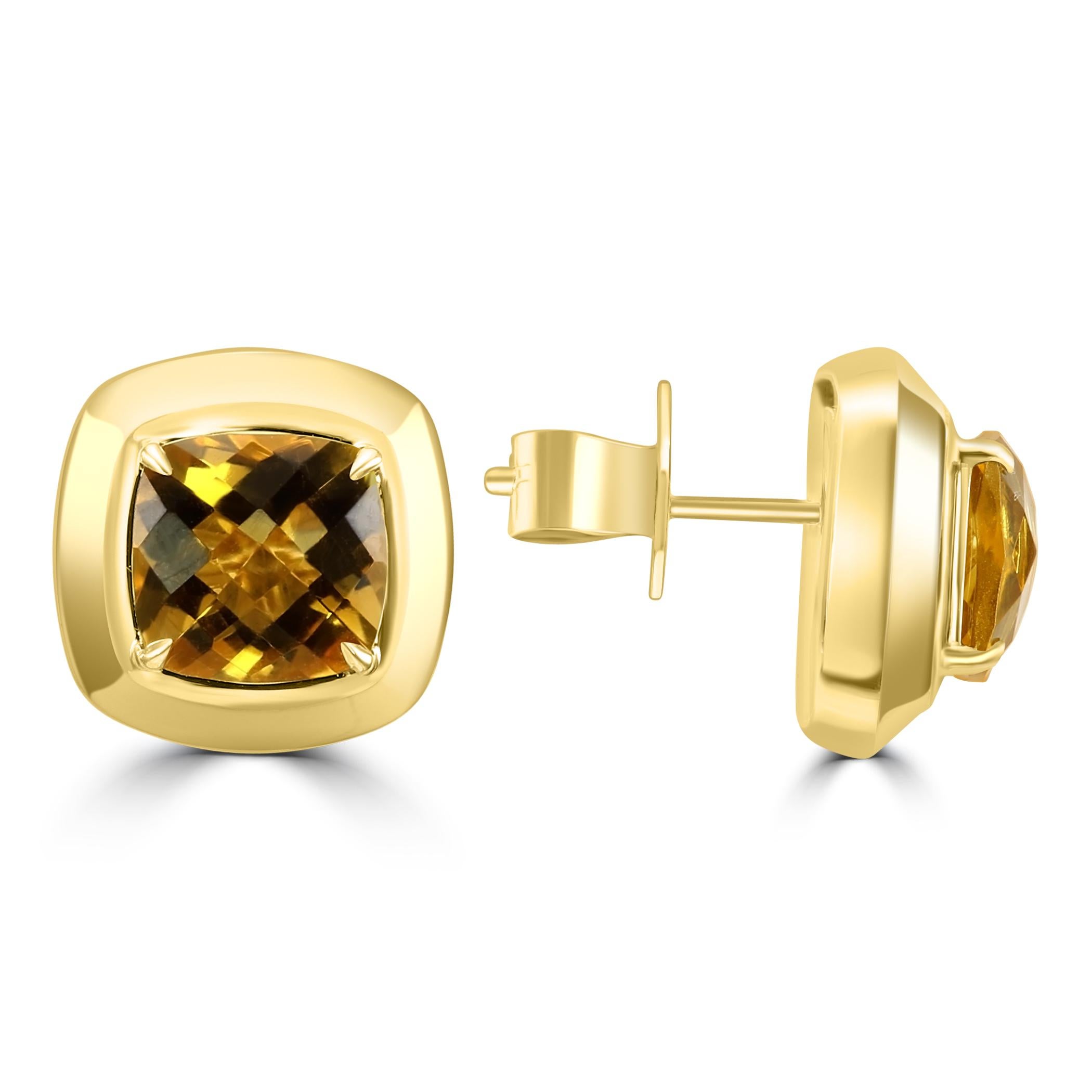 Modern Citrine Cushion Cut 14 Karat Yellow Gold Fashion Bezel-Set Stud Earring For Sale
