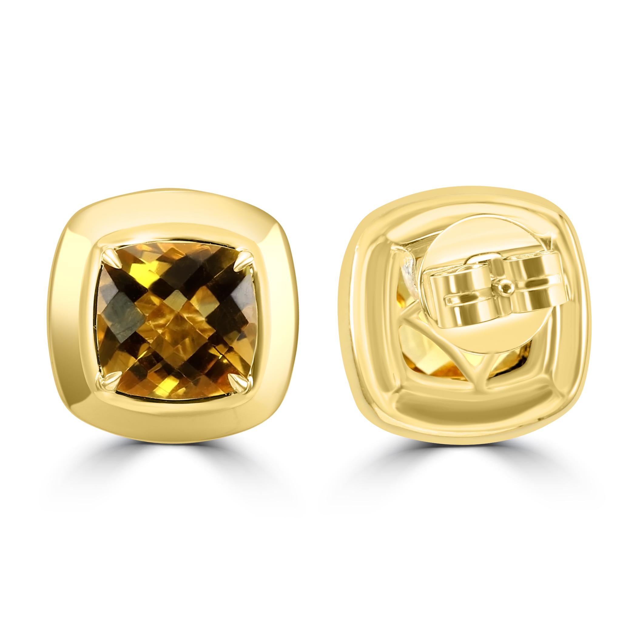 Citrine Cushion Cut 14 Karat Yellow Gold Fashion Bezel-Set Stud Earring In New Condition For Sale In New York, NY