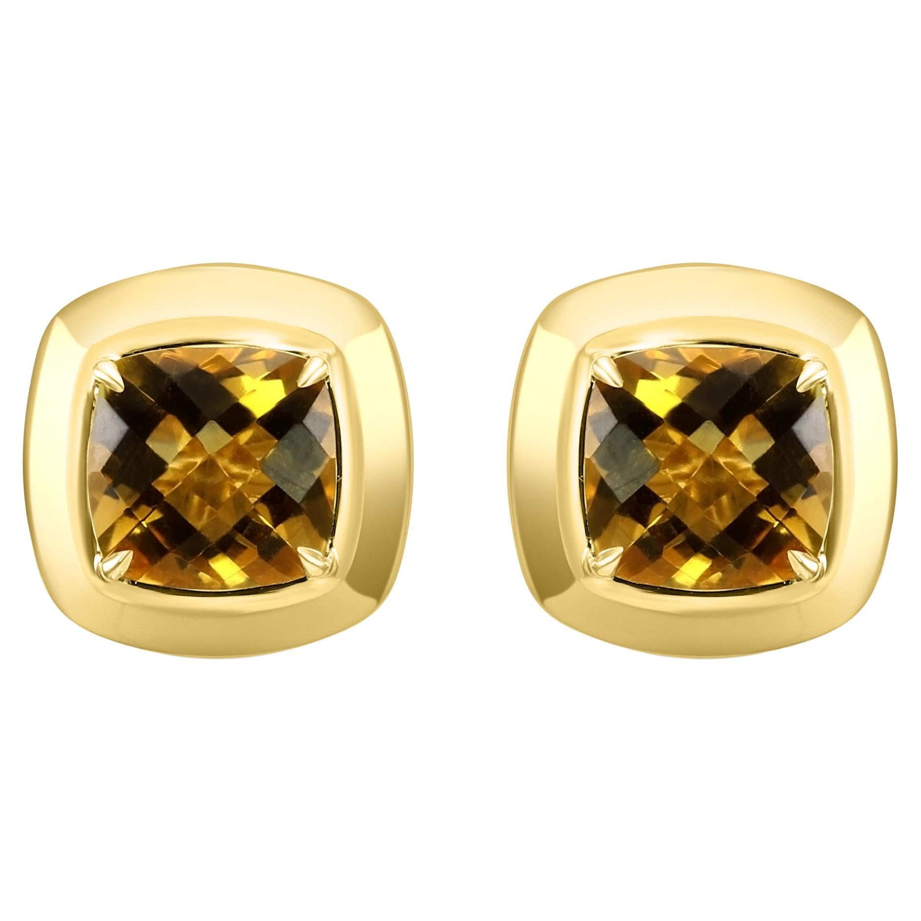Citrine Cushion Cut 14 Karat Yellow Gold Fashion Bezel-Set Stud Earring