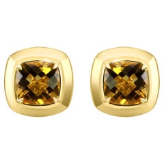 Citrine Cushion Cut 14 Karat Yellow Gold Fashion Bezel-Set Stud Earring