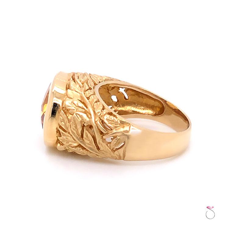 Citrine Cushion Cut Designer Ring with Leaf Motif, 5.50 Carats-14k Yellow Gold In Excellent Condition For Sale In Honolulu, HI