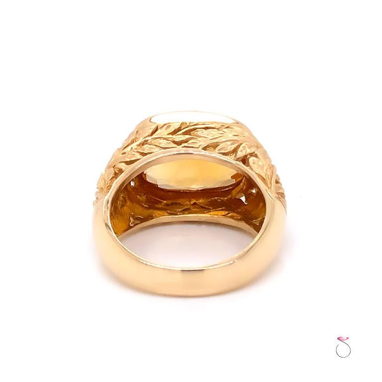 Women's or Men's Citrine Cushion Cut Designer Ring with Leaf Motif, 5.50 Carats-14k Yellow Gold For Sale
