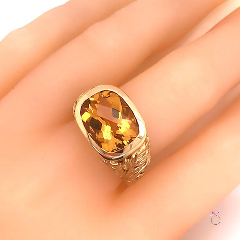 Citrine Cushion Cut Designer Ring with Leaf Motif, 5.50 Carats-14k Yellow Gold For Sale 1
