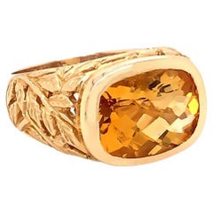 Citrine Cushion Cut Designer Ring with Leaf Motif, 5.50 Carats-14k Yellow Gold