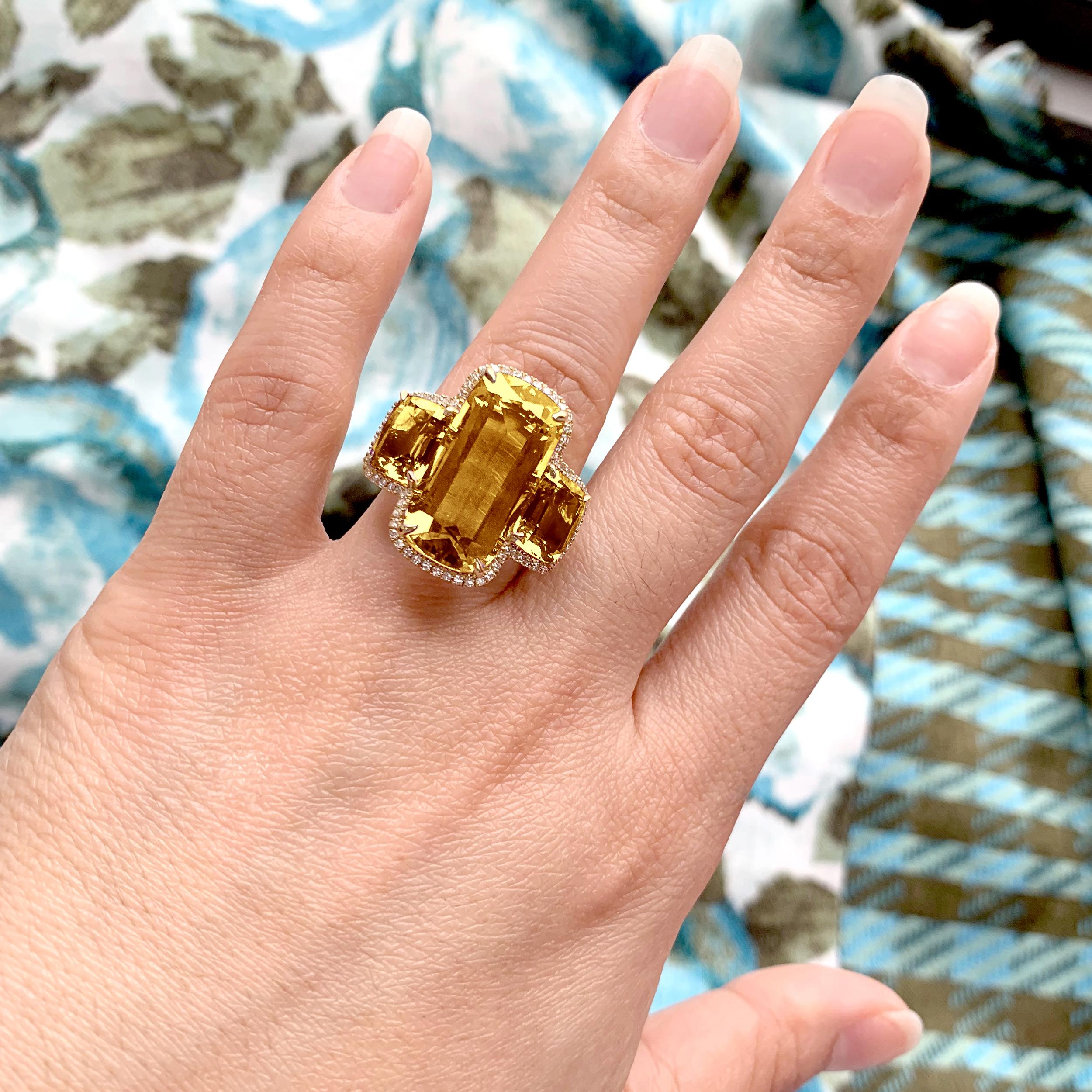Citrine Cushion Ring in 18K Yellow Gold with Diamonds, from 'Gossip' Collection. Please allow 2-4 weeks for this item to be delivered.

Stone Size: 21 x 10.5 mm &  9 x 7 mm 

Diamonds: G-H / VS, Approx Wt: 0.33 Cts