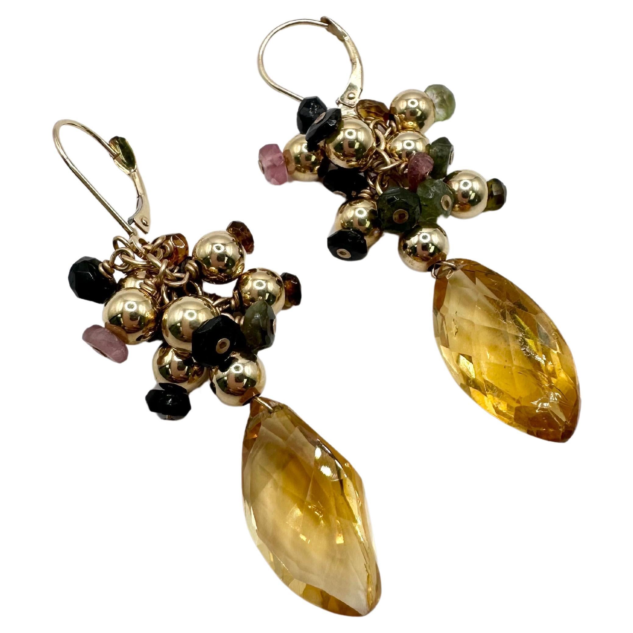 Citrine dagling earrings with natural gems 14KT gold For Sale