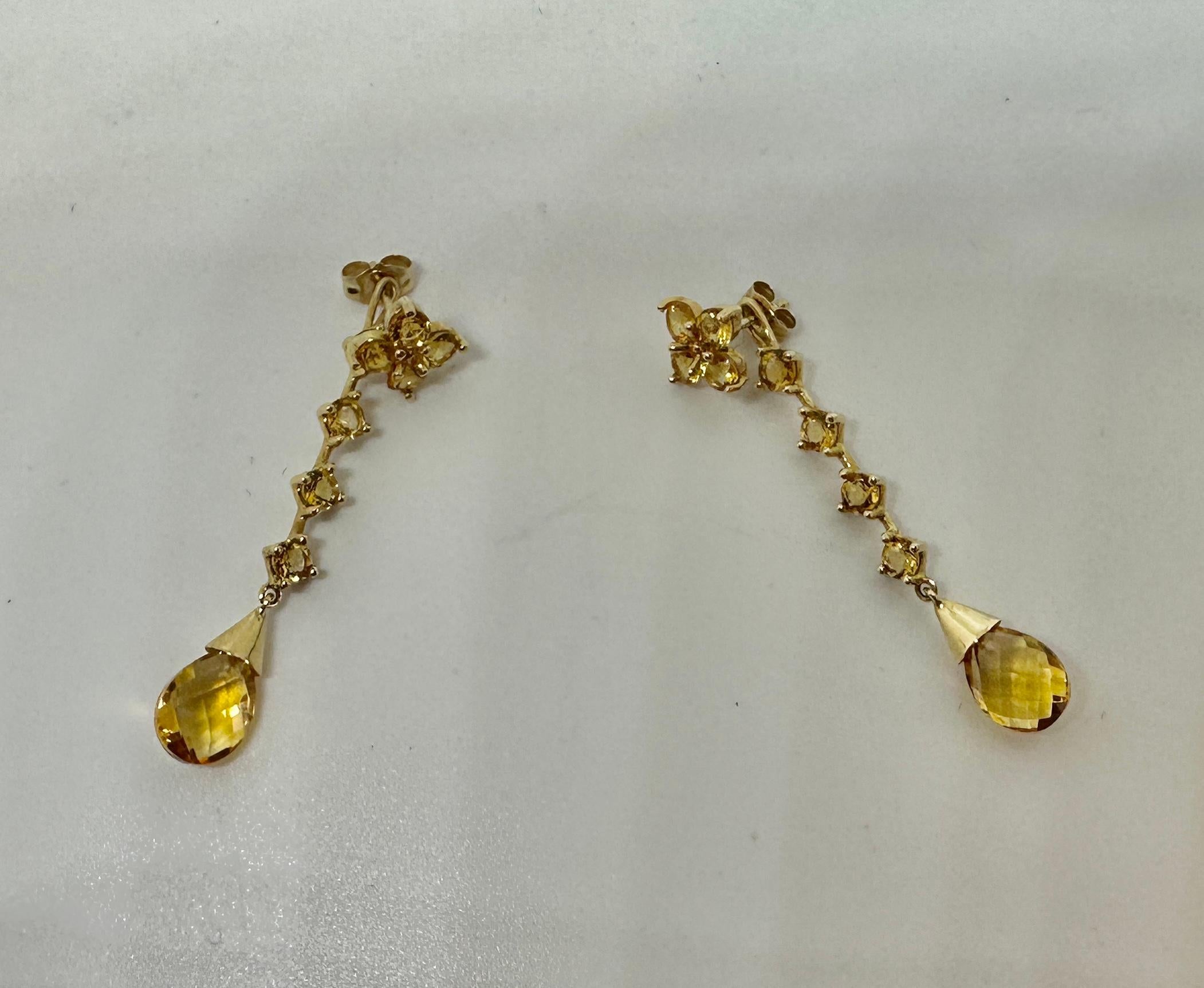 Briolette Cut Citrine Dangle Drop Earrings 14 Karat Yellow Gold Day Night Earrings Pear Drops For Sale