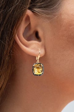 Citrine Dangle Earrings Black Spinel Halo 8.9 Carats 14K Yellow Gold Plated