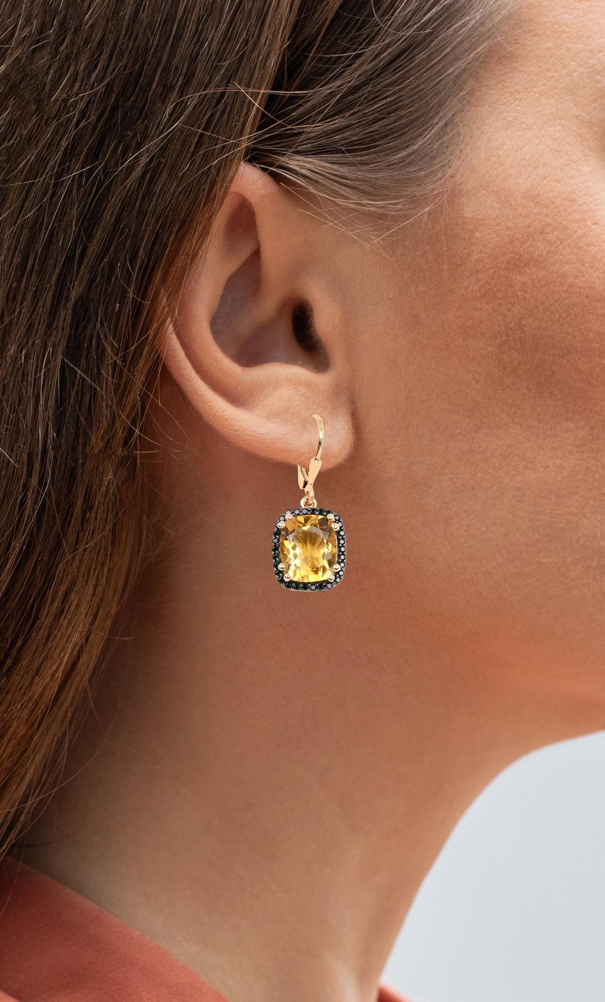 Cushion Cut Citrine Dangle Earrings Black Spinel Halo 8.9 Carats 14K Yellow Gold Plated For Sale