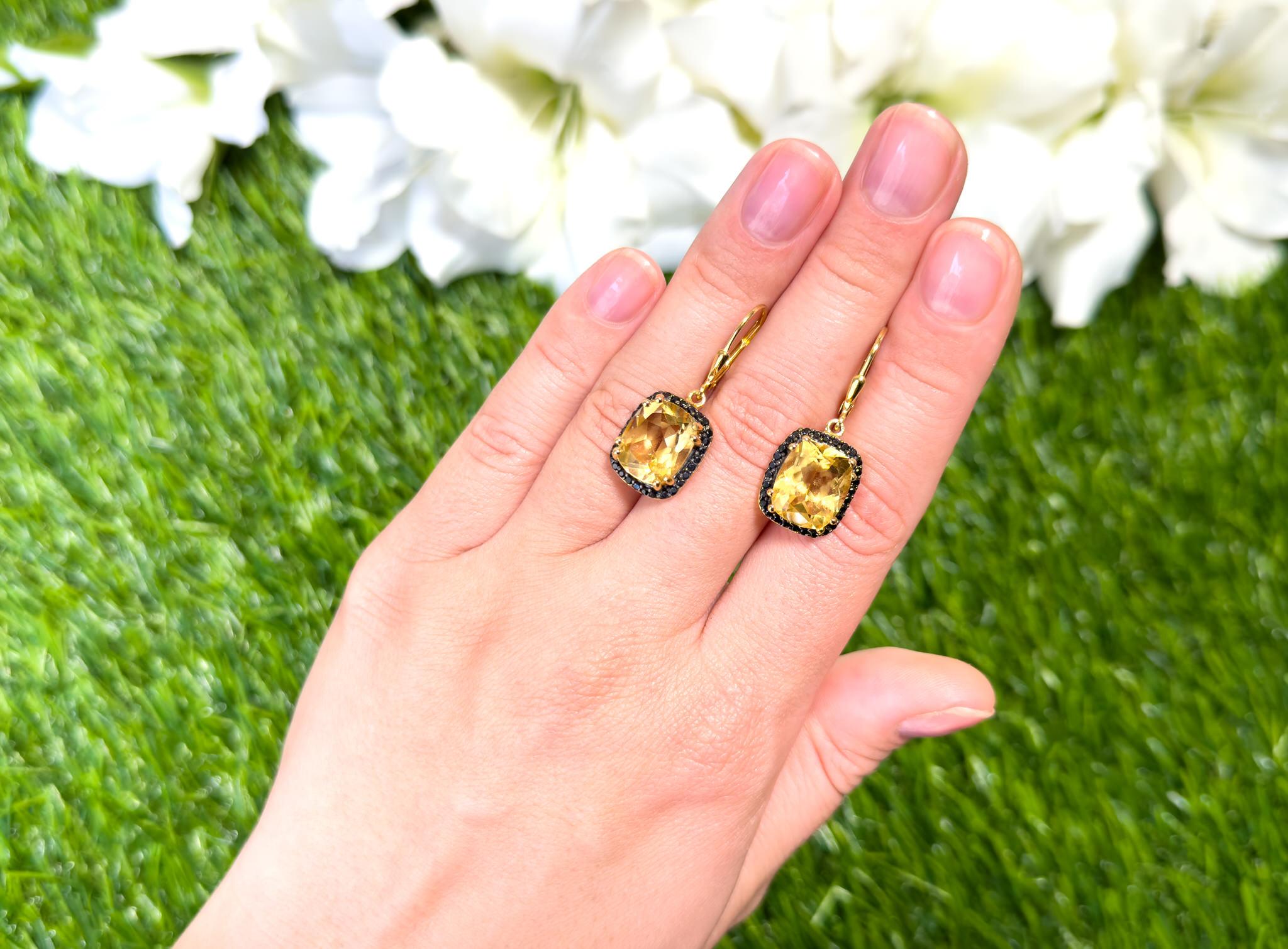 Cushion Cut Citrine Dangle Earrings Black Spinel Halo 8.9 Carats 14K Yellow Gold Plated For Sale