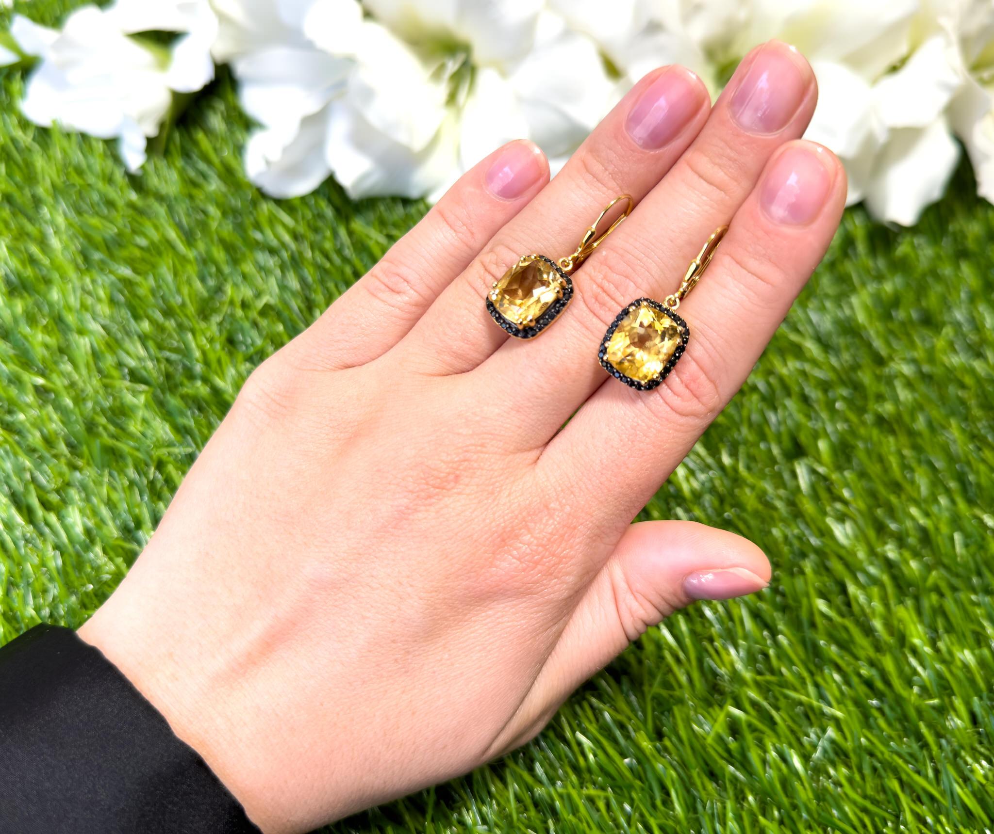 Citrine Dangle Earrings Black Spinel Halo 8.9 Carats 14K Yellow Gold Plated In Excellent Condition For Sale In Aliso Viejo, CA