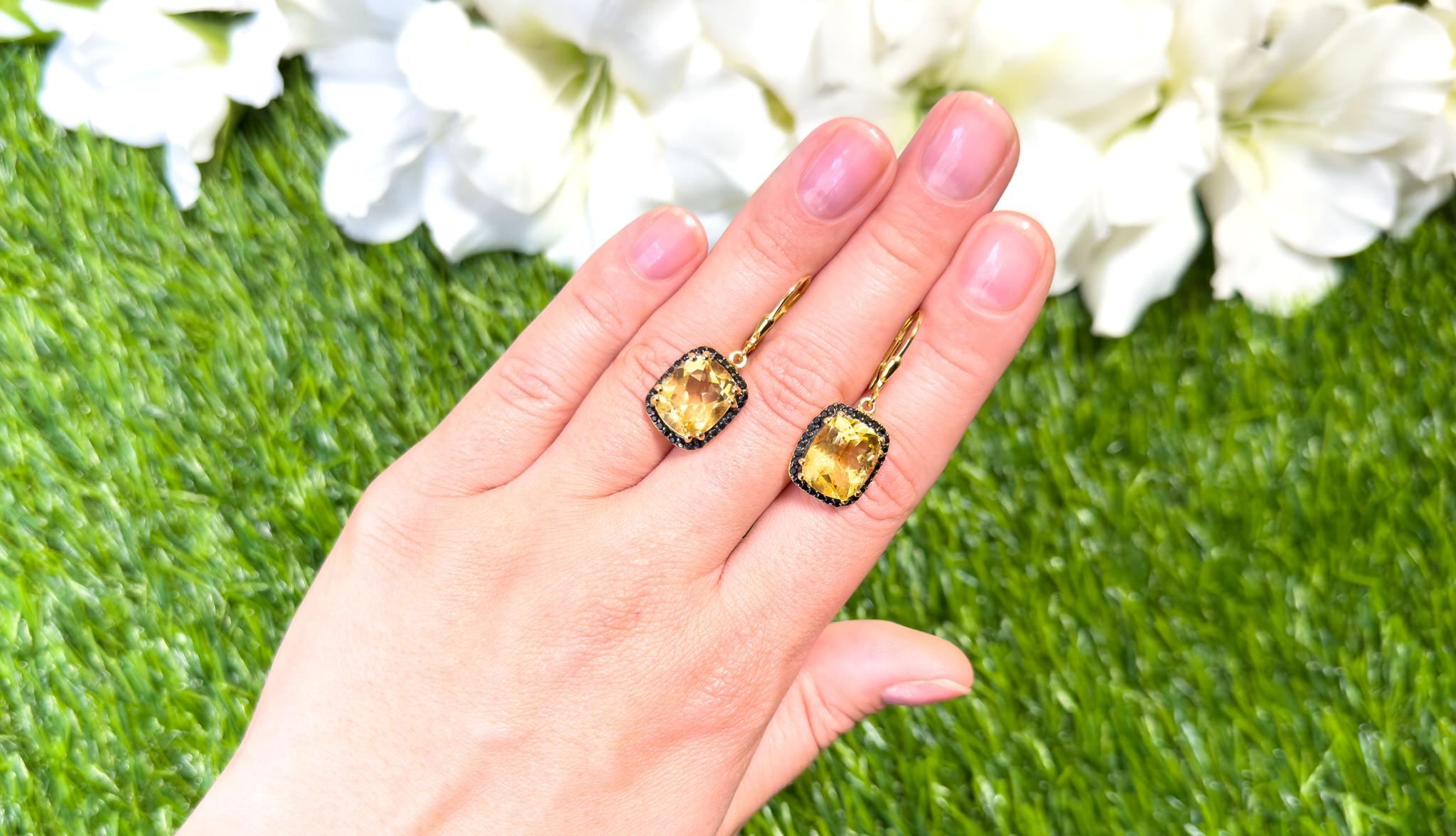 Femenino o masculino Pendientes colgantes de citrino Halo de espinela negra 8,9 quilates Chapados en oro amarillo de 14 quilates en venta