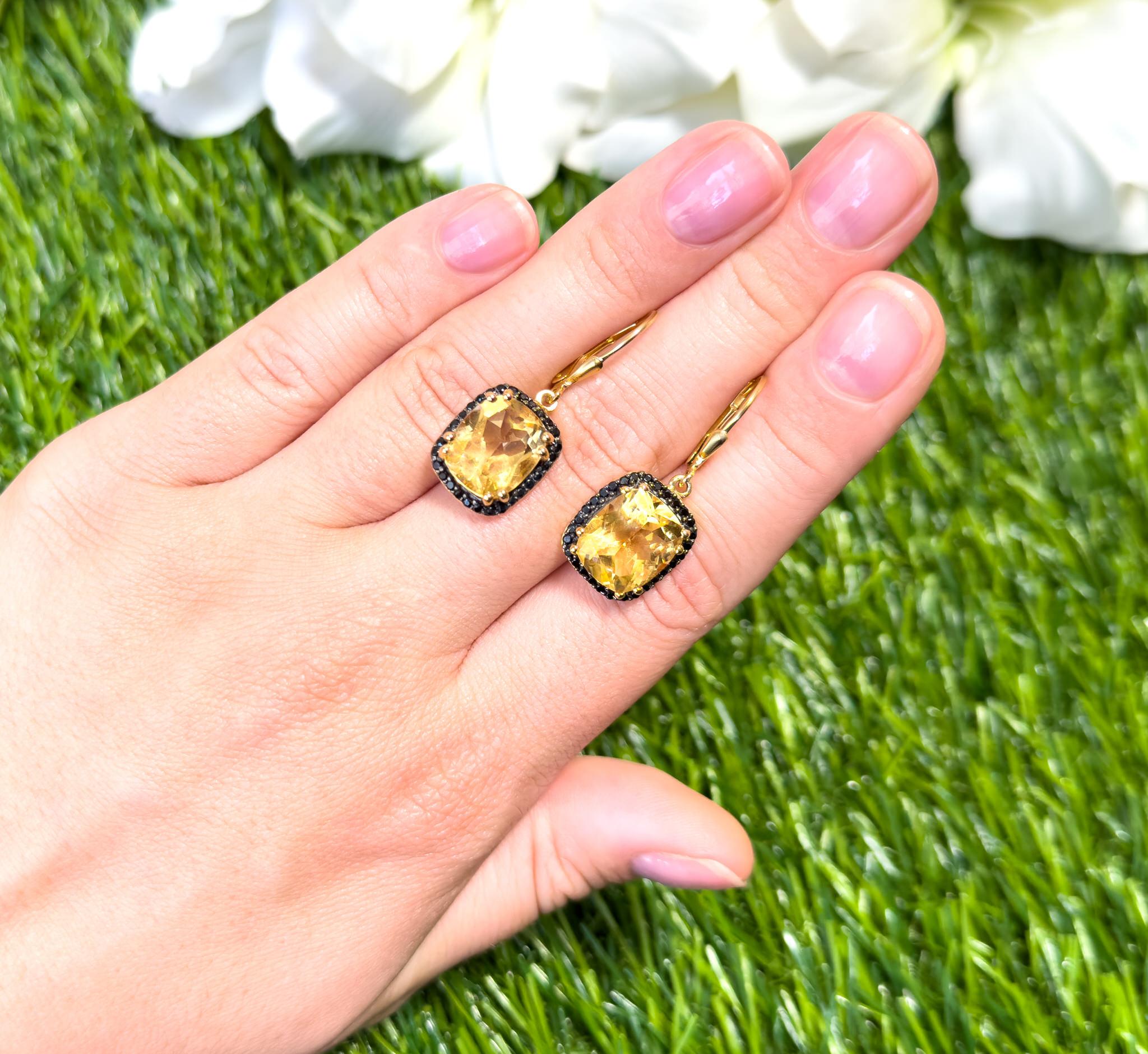 Pendants d'oreilles en or jaune 14 carats avec halo de spinelles noires et citrine 8,9 carats en vente 1