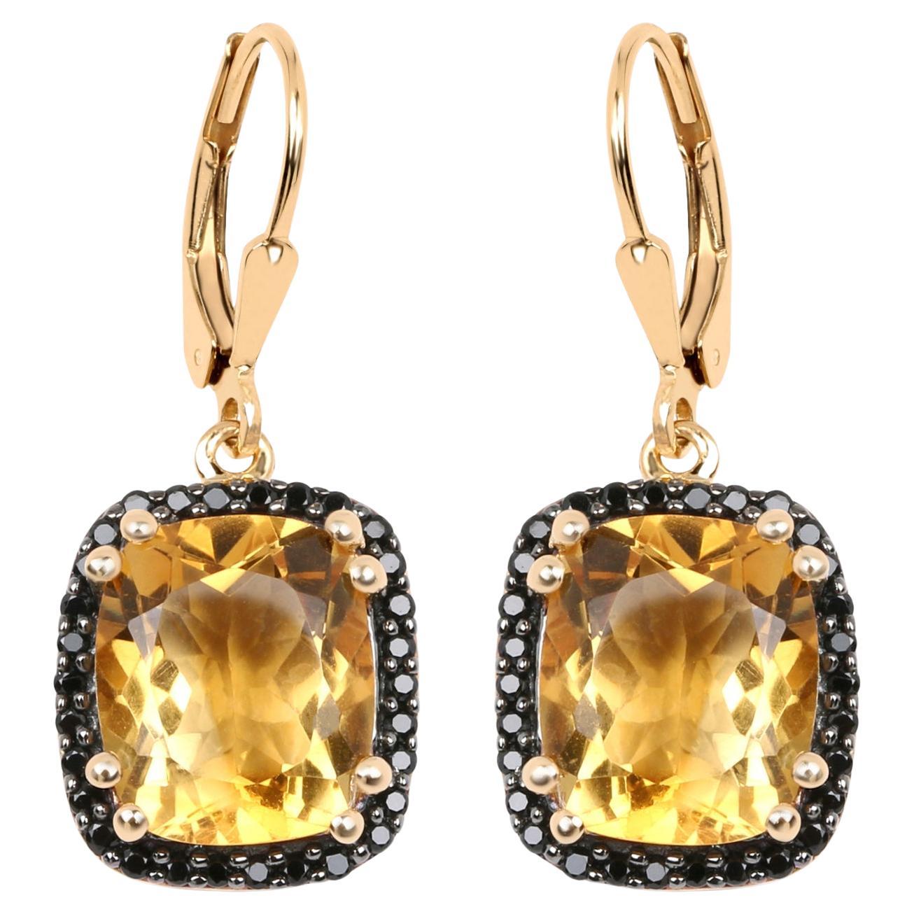Citrine Dangle Earrings Black Spinel Halo 8.9 Carats 14K Yellow Gold Plated For Sale