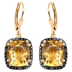Citrine Dangle Earrings Black Spinel Halo 8.9 Carats 14K Yellow Gold Plated