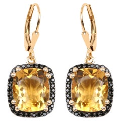 Citrine Dangle Earrings Black Spinel Halo 8.9 Carats 14K Yellow Gold Plated