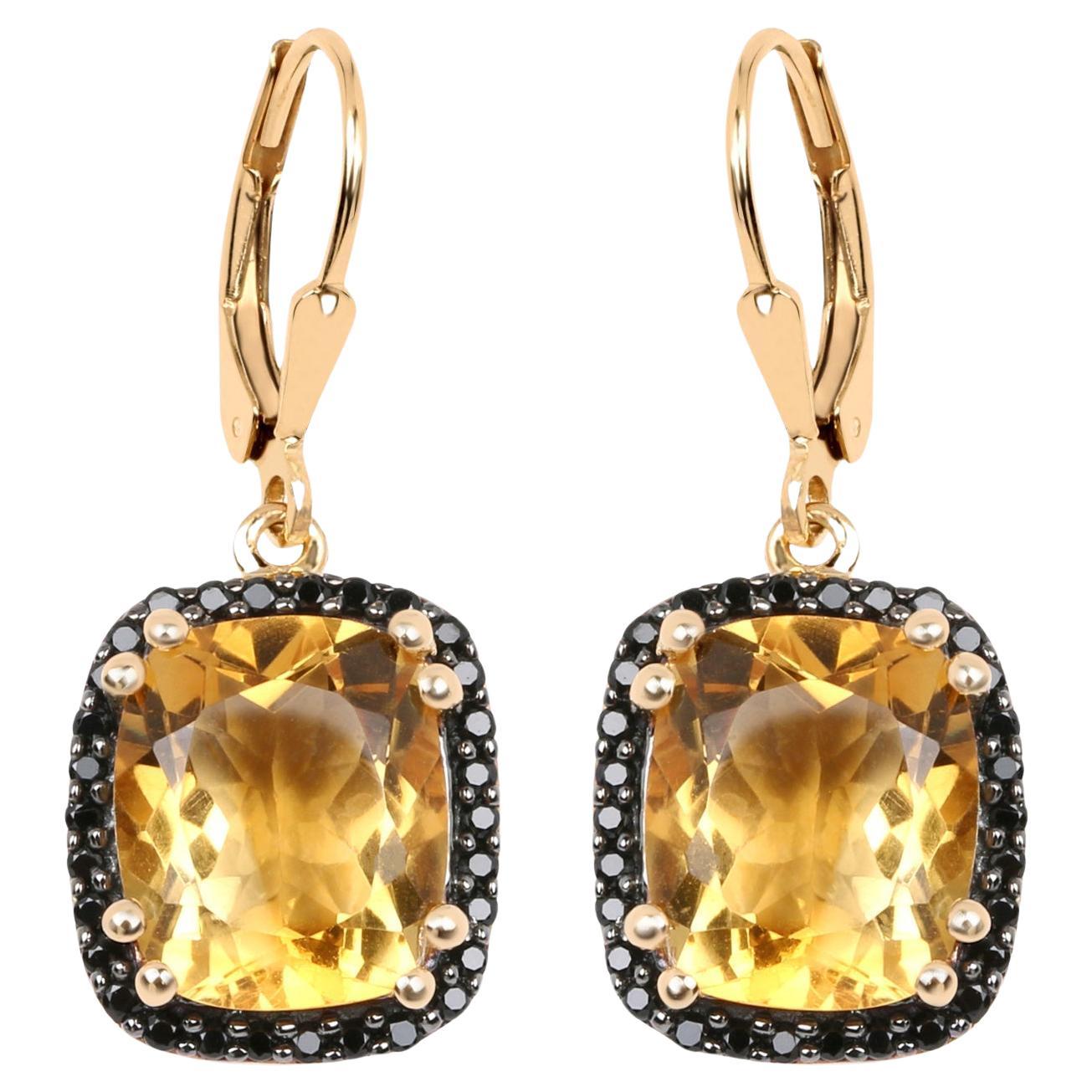 Citrine Dangle Earrings Black Spinel Halo 8.9 Carats 14K Yellow Gold Plated For Sale