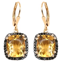 Pendants d'oreilles en or jaune 14 carats avec halo de spinelles noires et citrine 8,9 carats