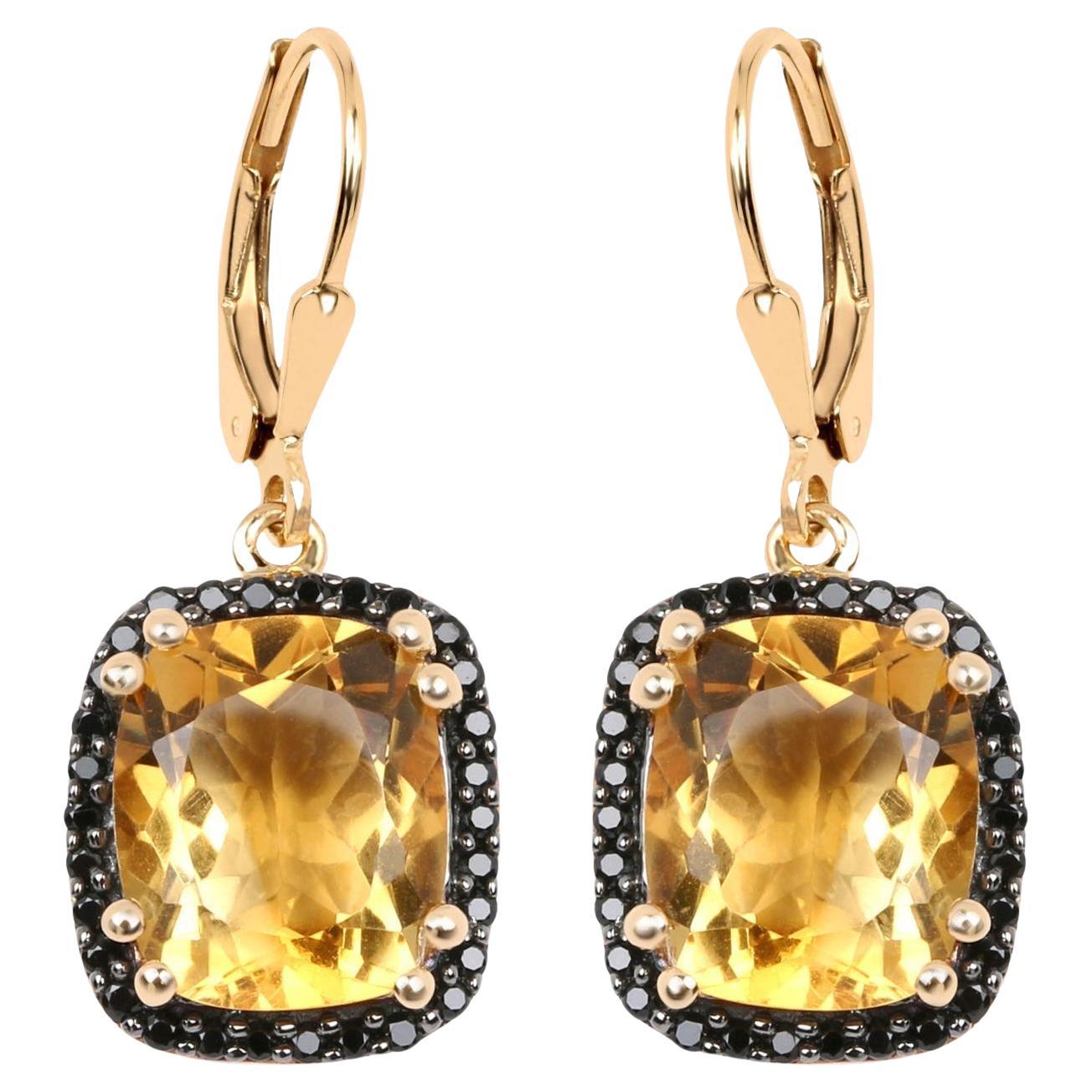 Citrine Dangle Earrings Black Spinel Halo 8.9 Carats 14K Yellow Gold Plated For Sale